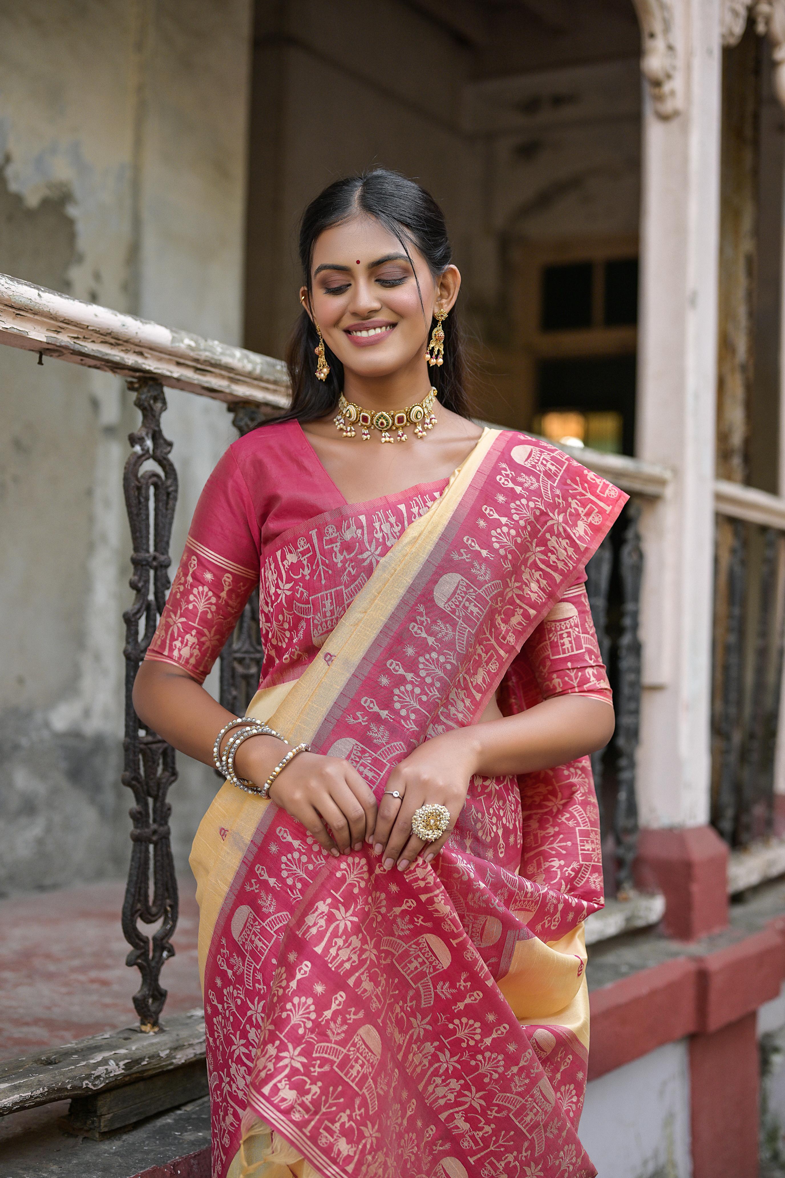 Vsaree Rani Pink Raw Silk Saree With All over weaving Butties And weving pallu and Blouse