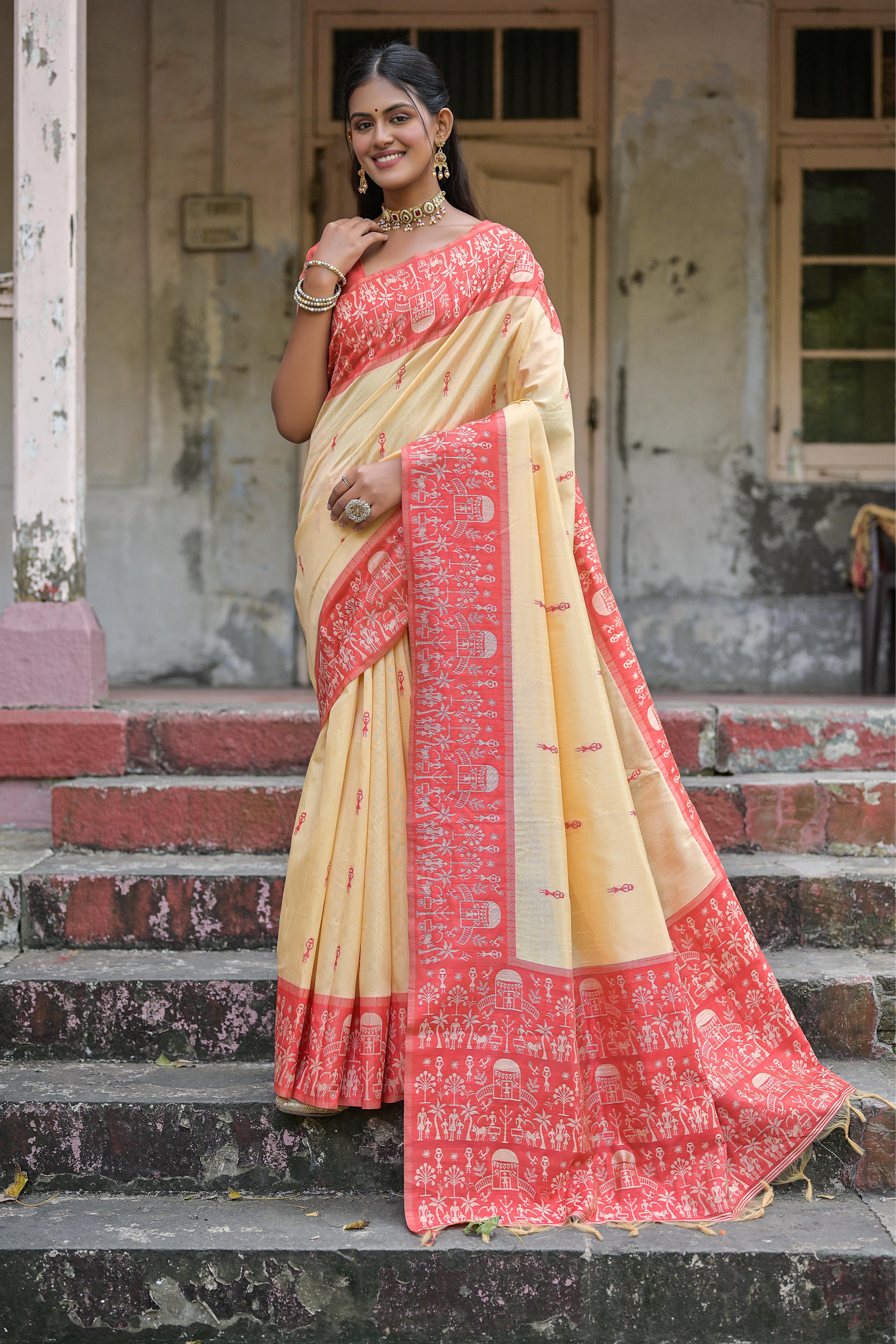 Vsaree Red Raw Silk Saree With All over weaving Butties And weving pallu and Blouse