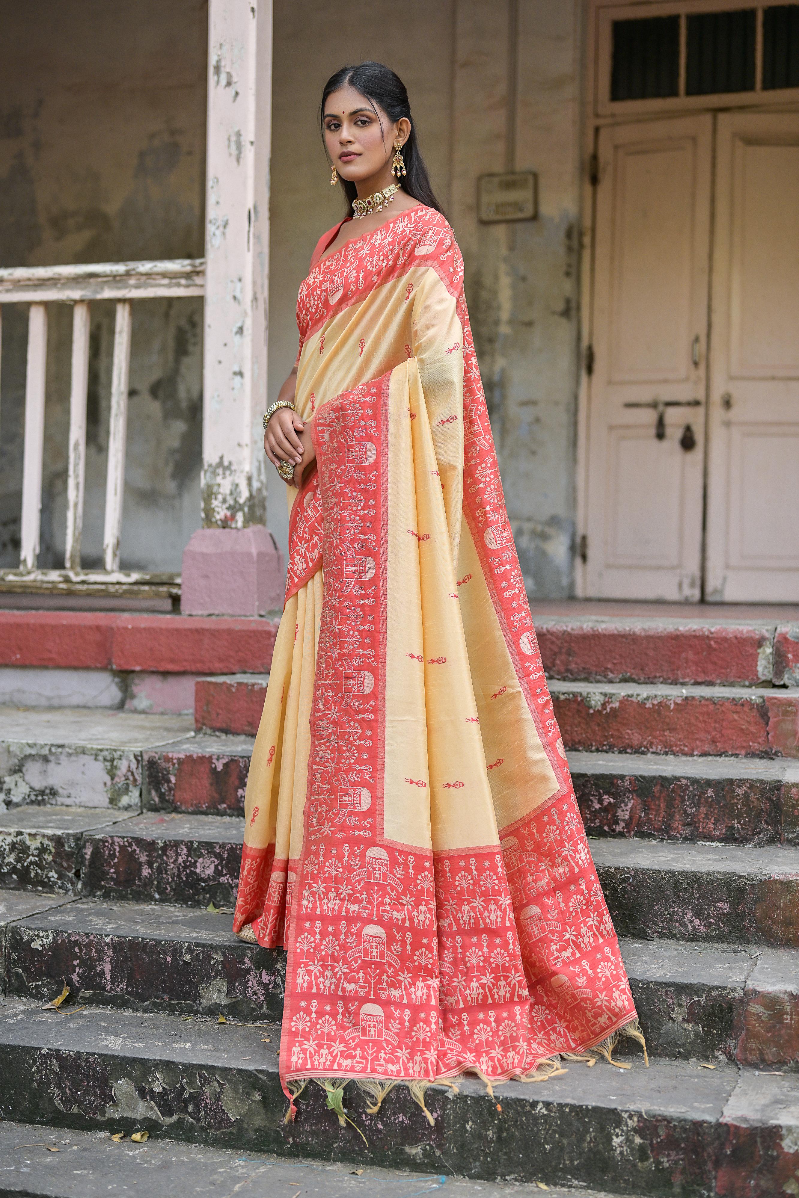 Vsaree Red Raw Silk Saree With All over weaving Butties And weving pallu and Blouse