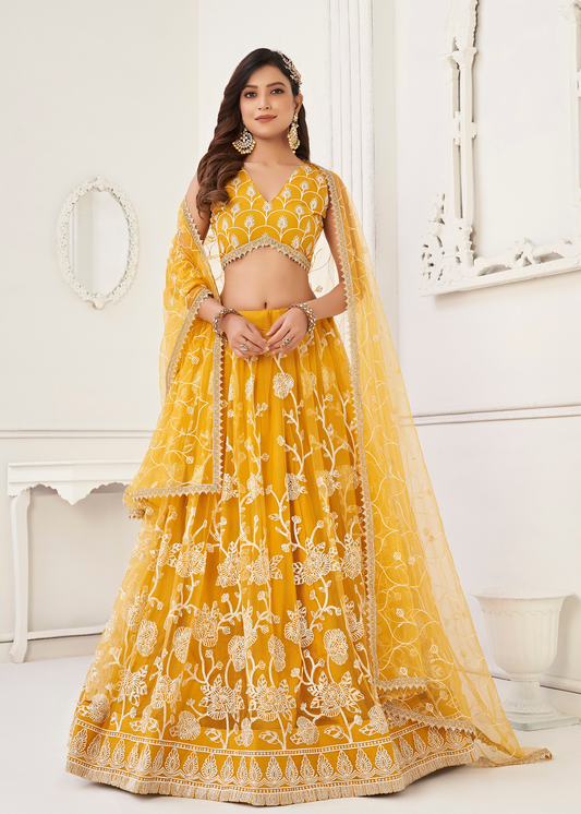 WOMEN'S MUSTARD BUTTERFLY NET WITH SEQUINS AND EMBROIDERY WORK LEHENGA CHOLI FOR WEDDING