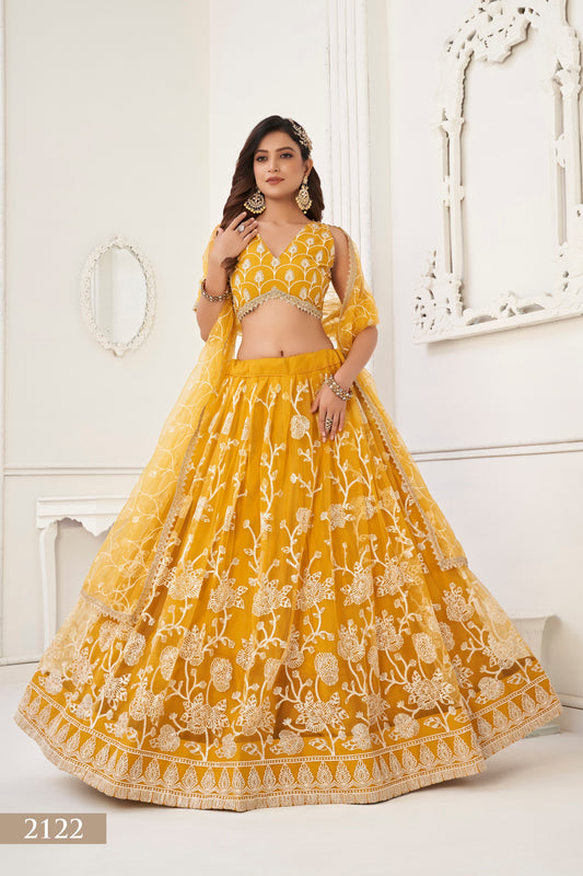 WOMEN'S MUSTARD BUTTERFLY NET WITH SEQUINS AND EMBROIDERY WORK LEHENGA CHOLI FOR WEDDING