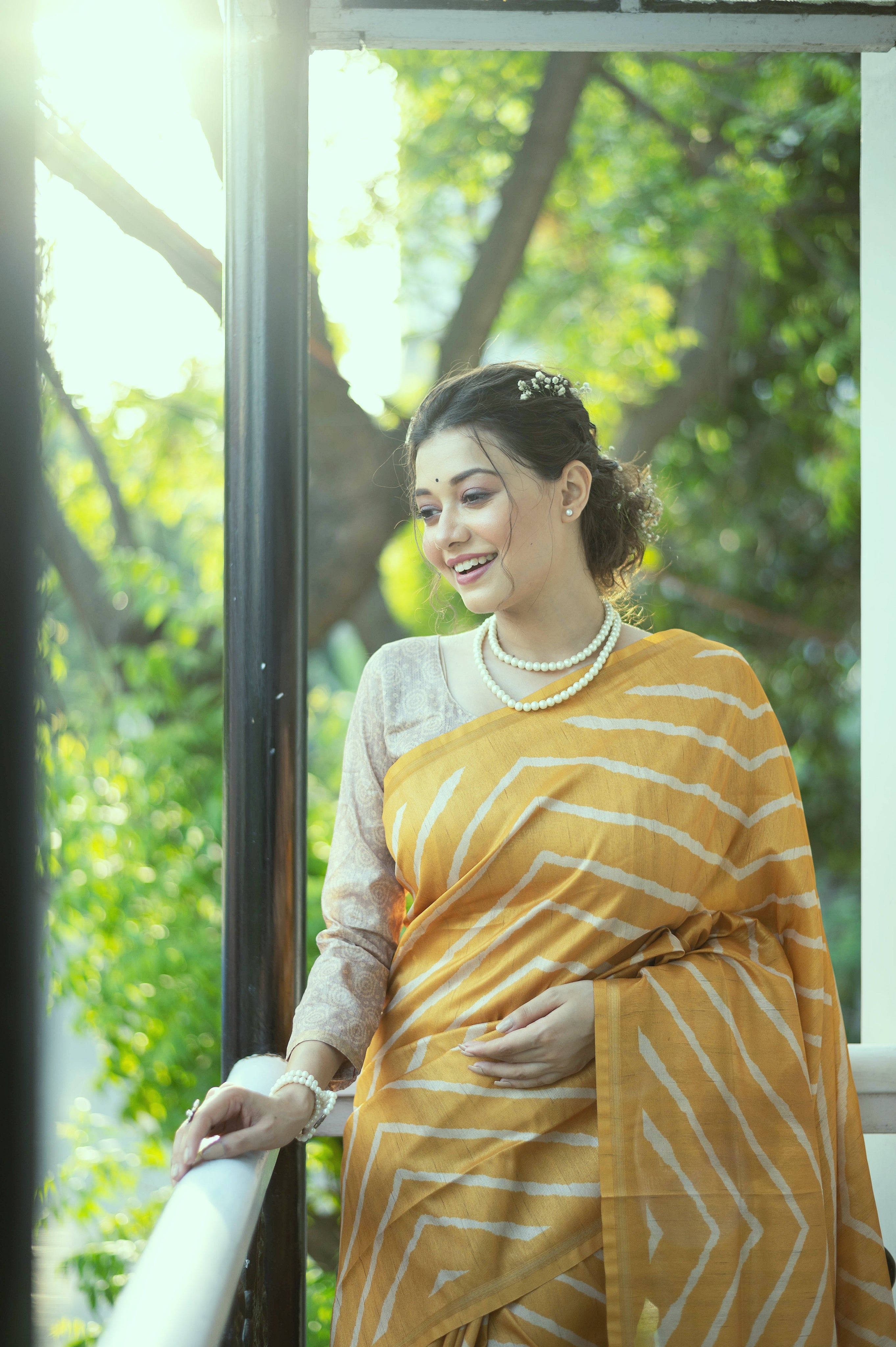 Vsaree Yellow Tussar Silk Saree With Leriya Print And Zari Border With Kalamkari Pallu With Blouse