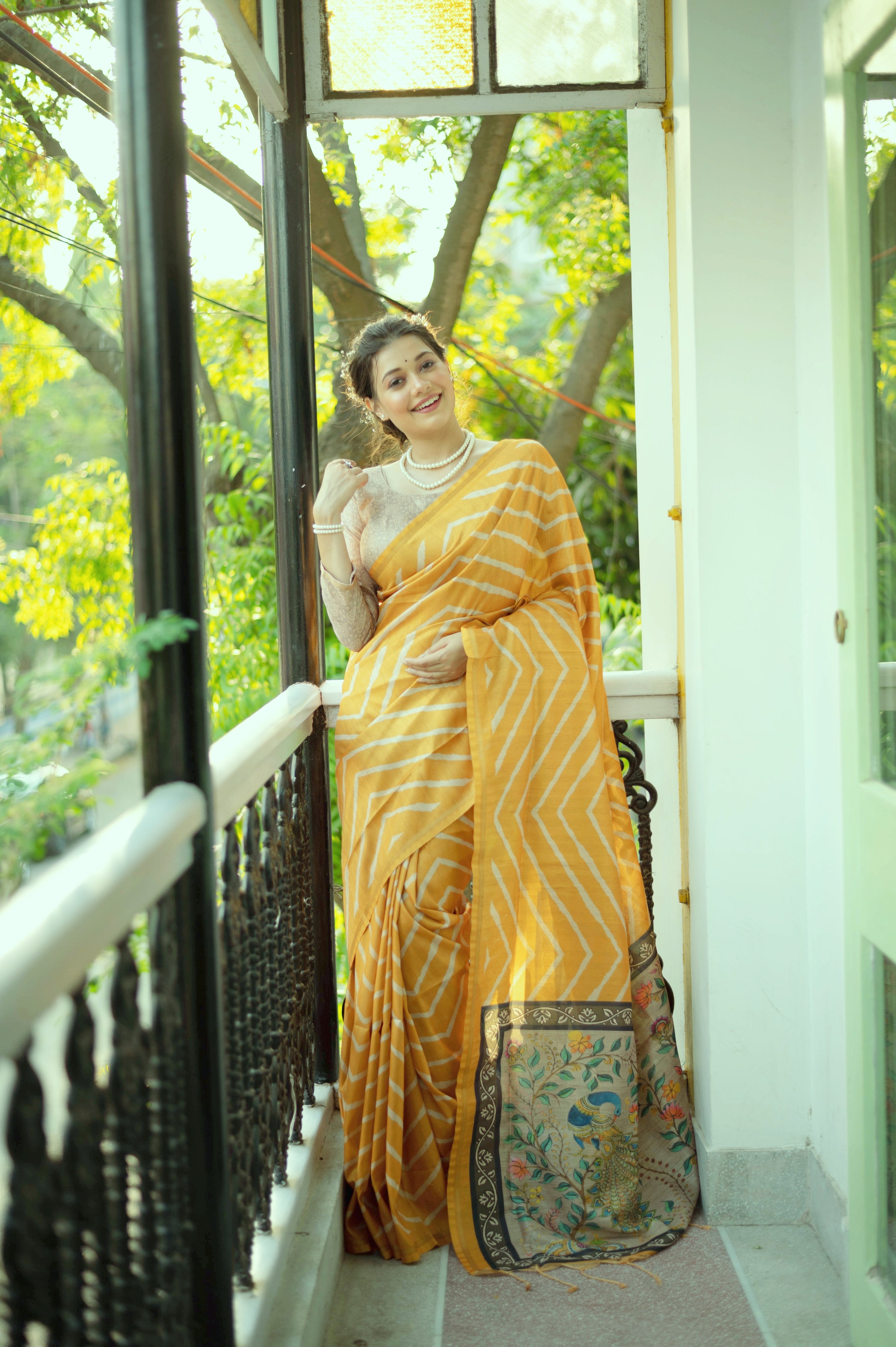 Vsaree Yellow Tussar Silk Saree With Leriya Print And Zari Border With Kalamkari Pallu With Blouse