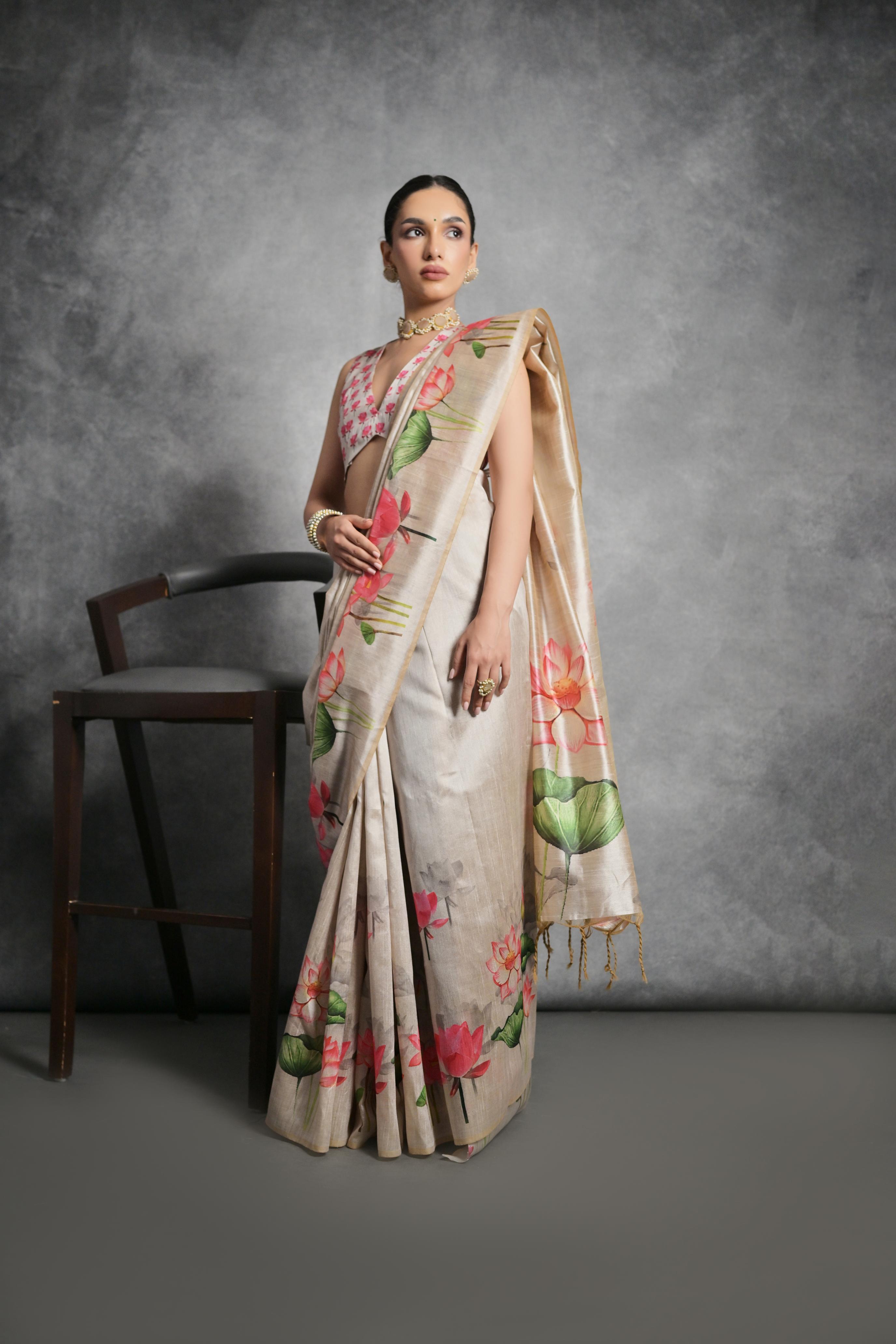 Vsaree Cream Tussar Silk Saree with Traditional Beautiful Madhubani Print On Pallu And Blouse