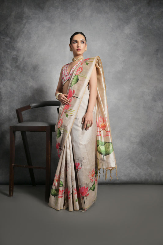 Vsaree Cream Tussar Silk Saree with Traditional Beautiful Madhubani Print On Pallu And Blouse