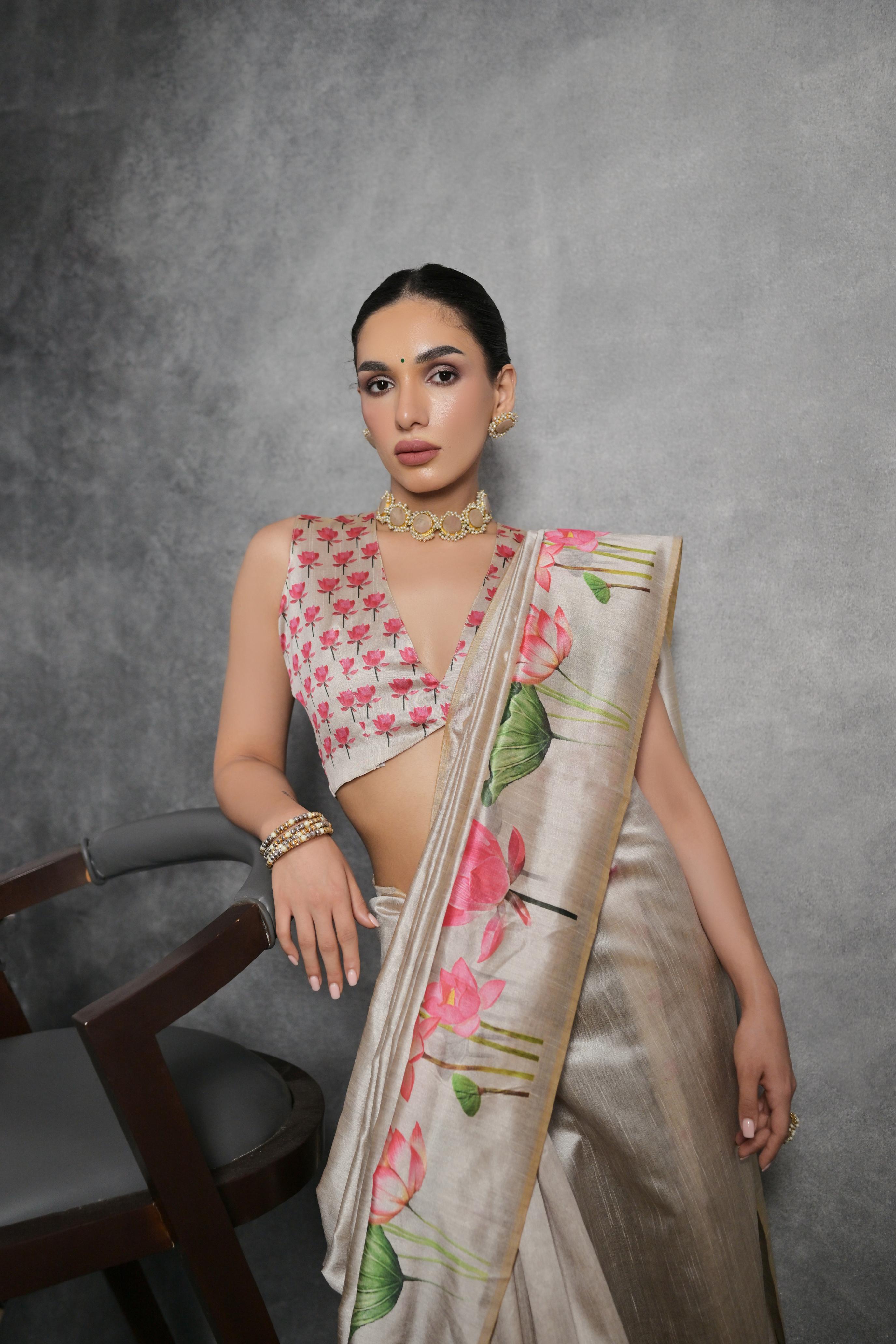 Vsaree Cream Tussar Silk Saree with Traditional Beautiful Madhubani Print On Pallu And Blouse