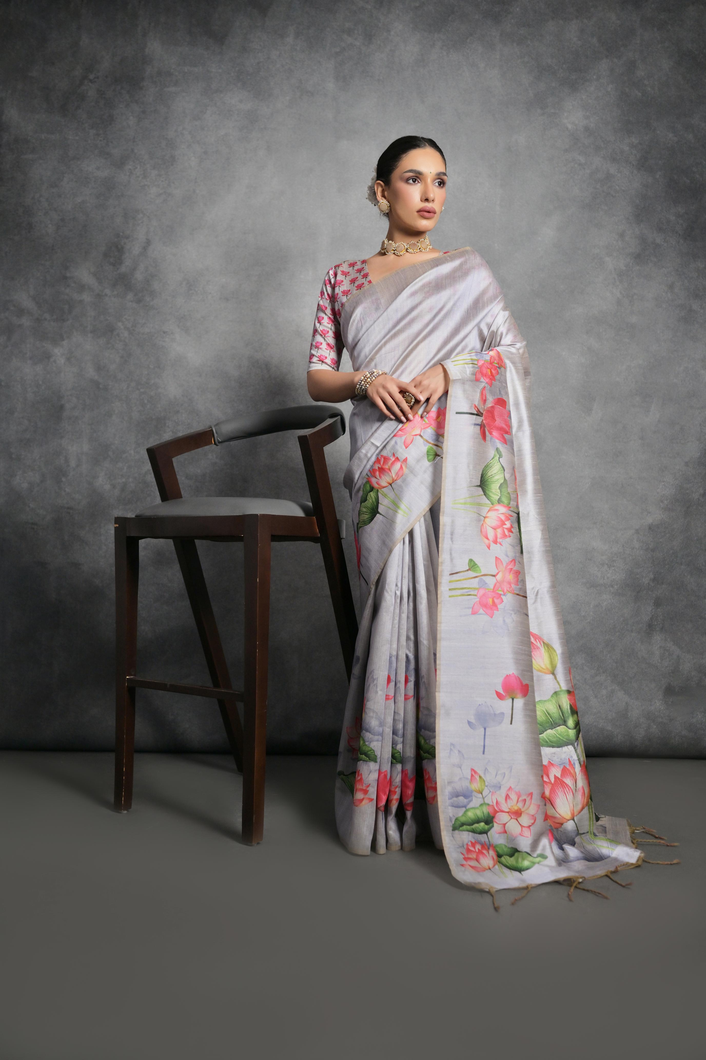 Vsaree Grey Tussar Silk Saree with Traditional Beautiful Madhubani Print On Pallu And Blouse