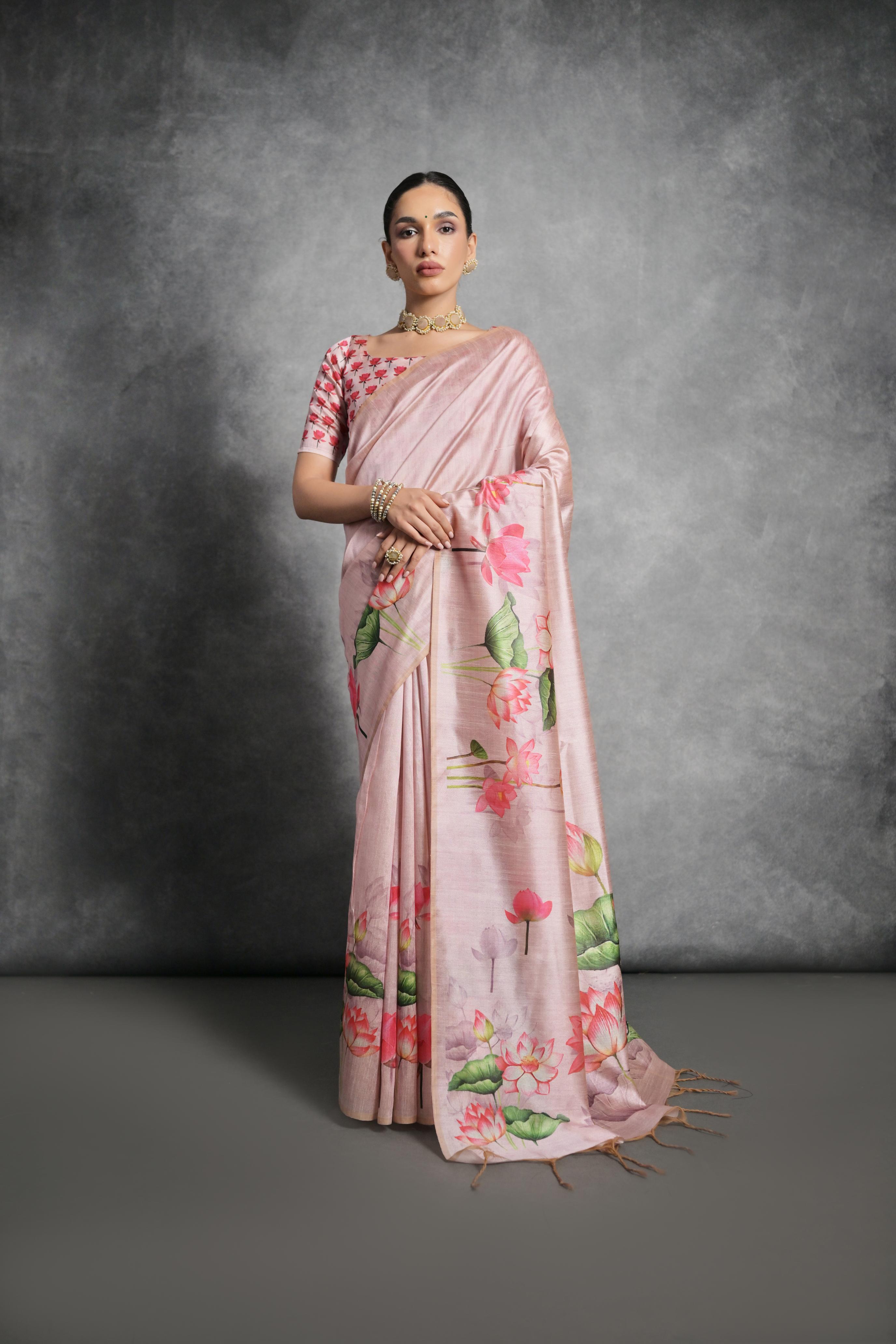 Vsaree Pink Tussar Silk Saree with Traditional Beautiful Madhubani Print On Pallu And Blouse