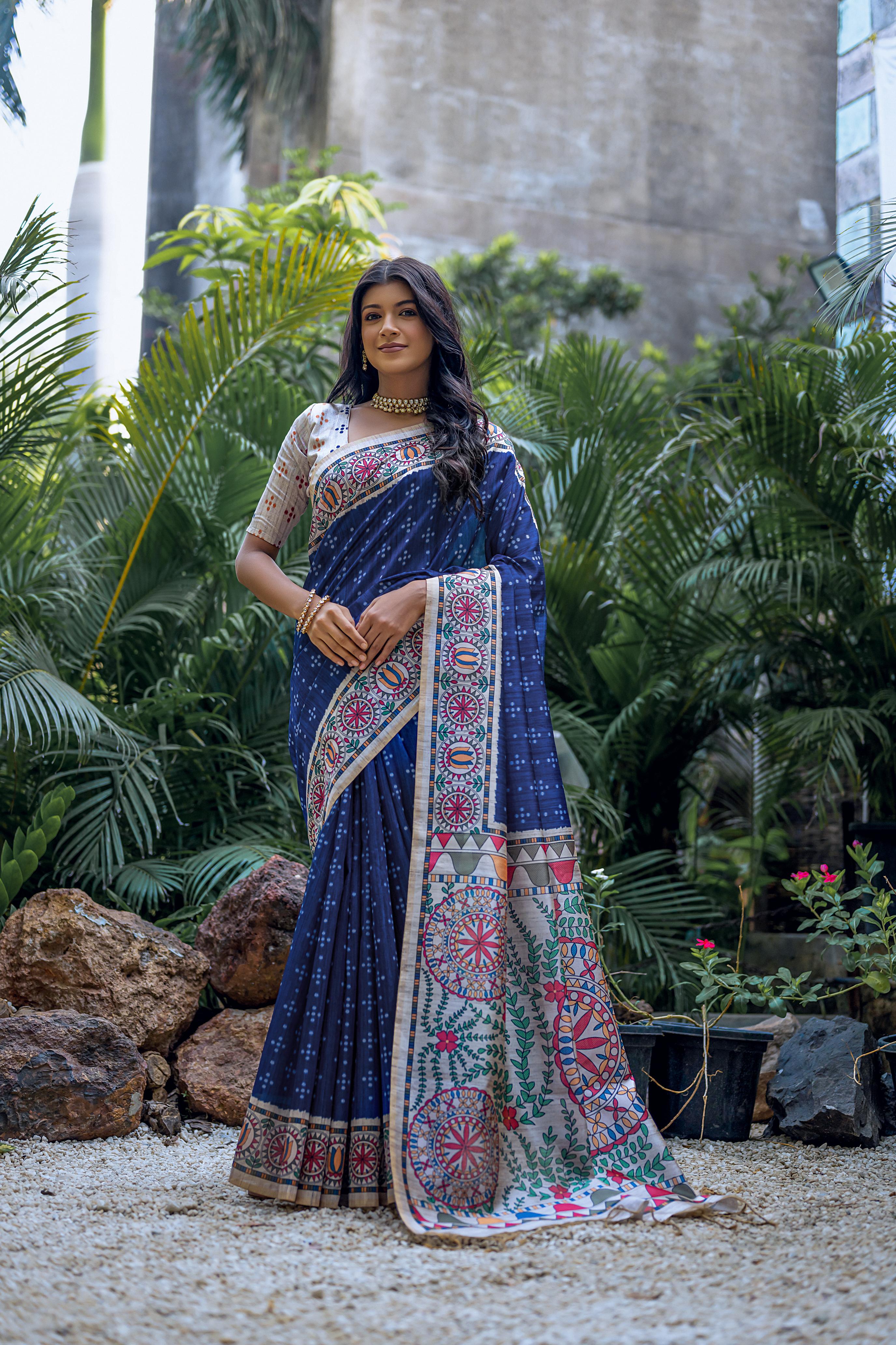 Vsaree Blue Tussar Silk Saree with Traditional Beautiful Madhubani Print On Pallu And Blouse