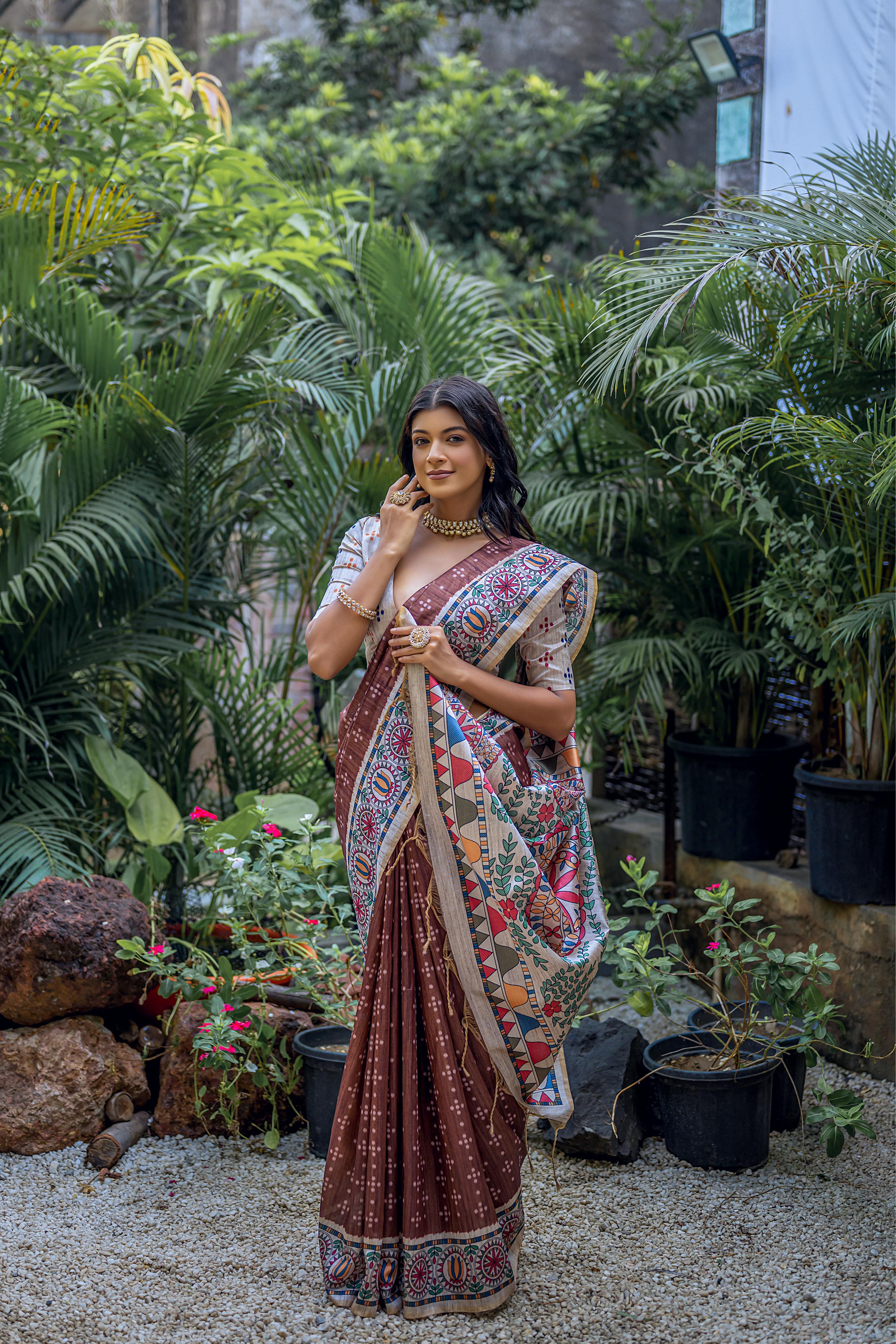 Vsaree Coffee Tussar Silk Saree with Traditional Beautiful Madhubani Print On Pallu And Blouse