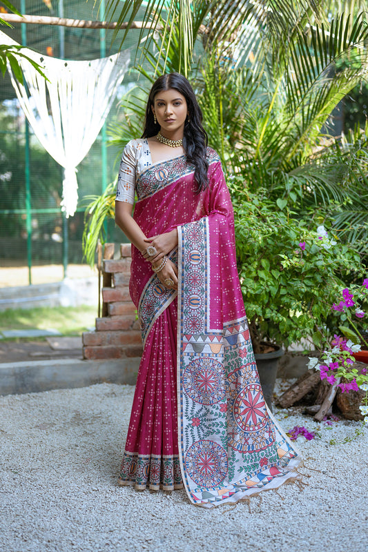 Vsaree Pink Tussar Silk Saree with Traditional Beautiful Madhubani Print On Pallu And Blouse