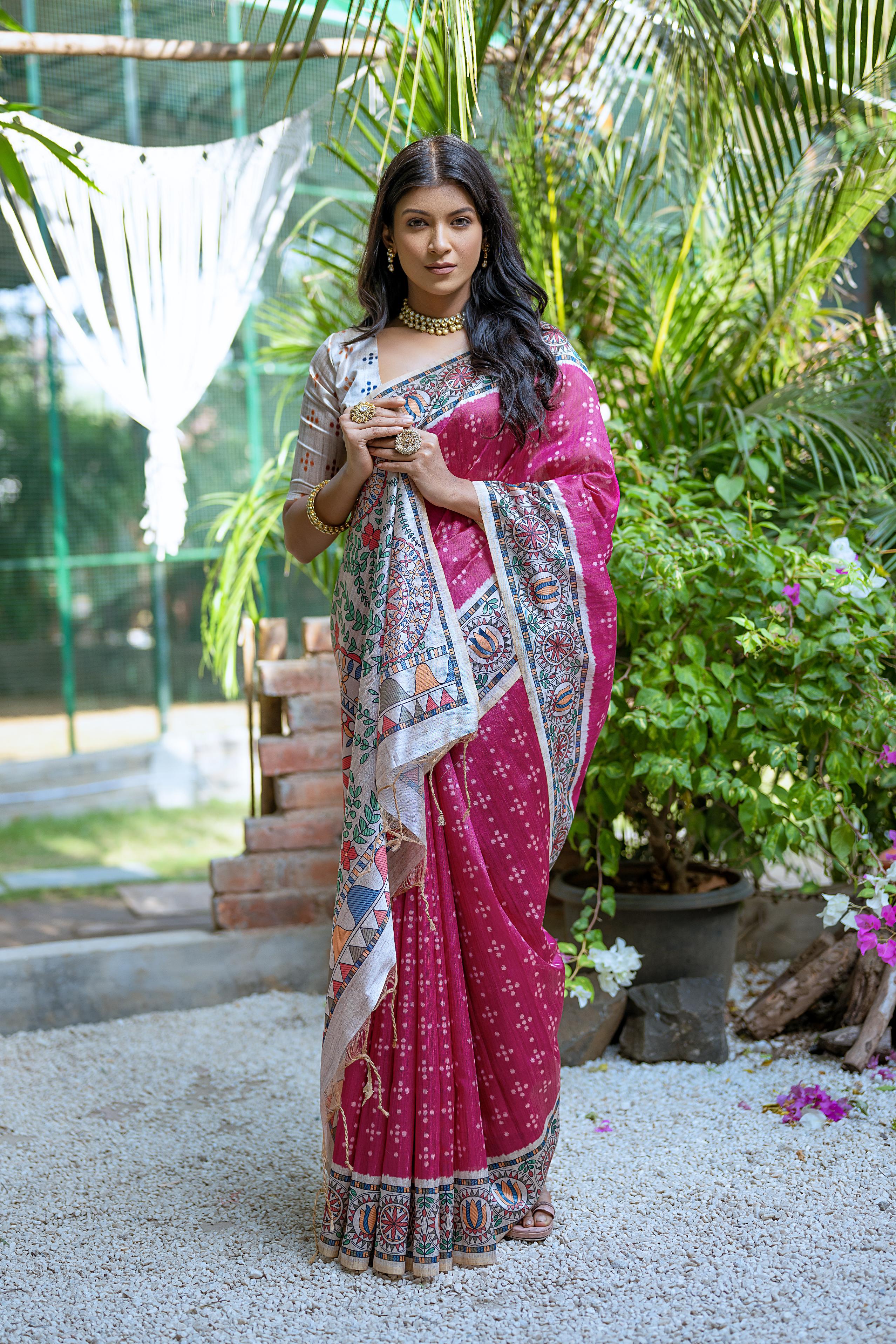 Vsaree Pink Tussar Silk Saree with Traditional Beautiful Madhubani Print On Pallu And Blouse