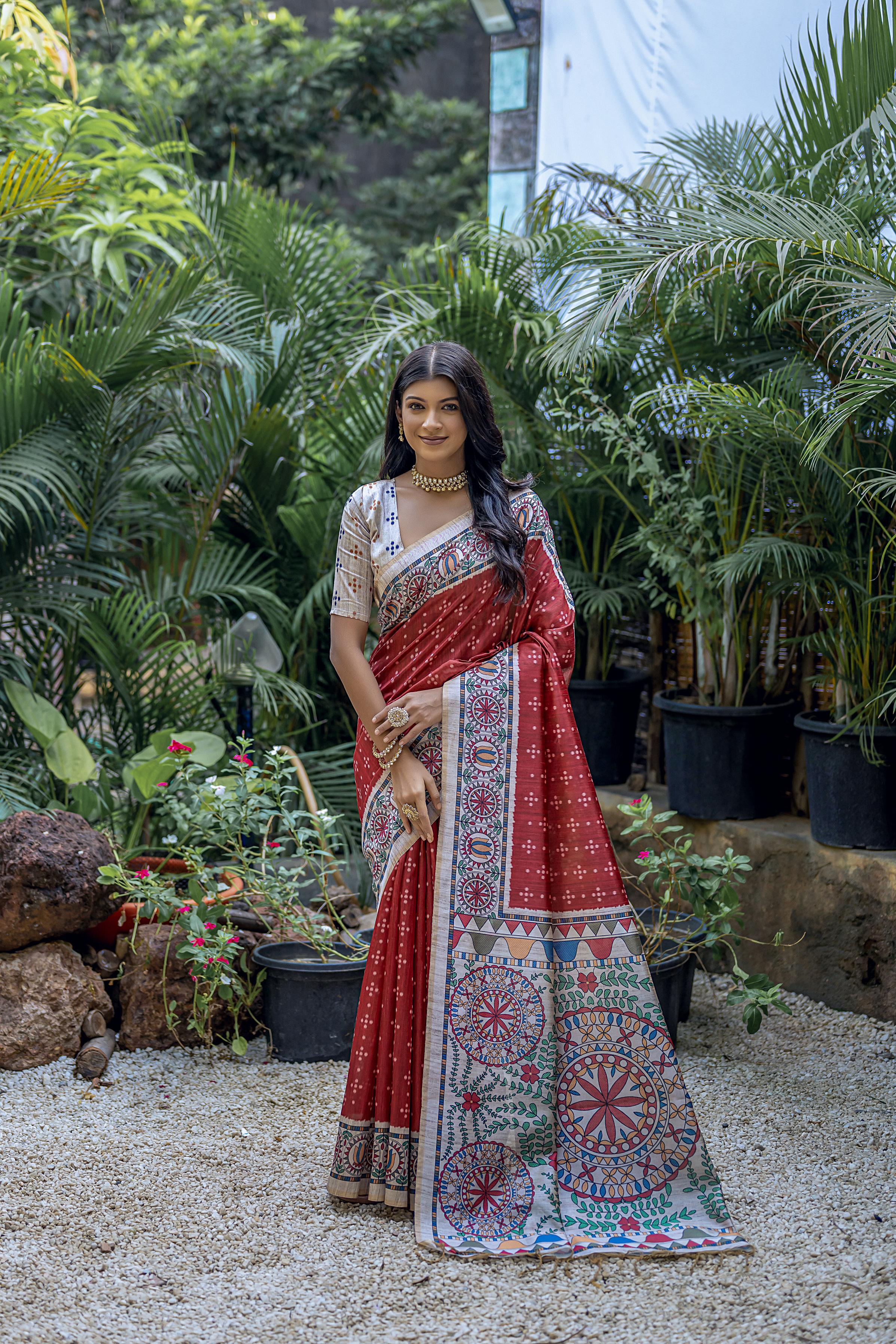 Vsaree Red Tussar Silk Saree with Traditional Beautiful Madhubani Print On Pallu And Blouse