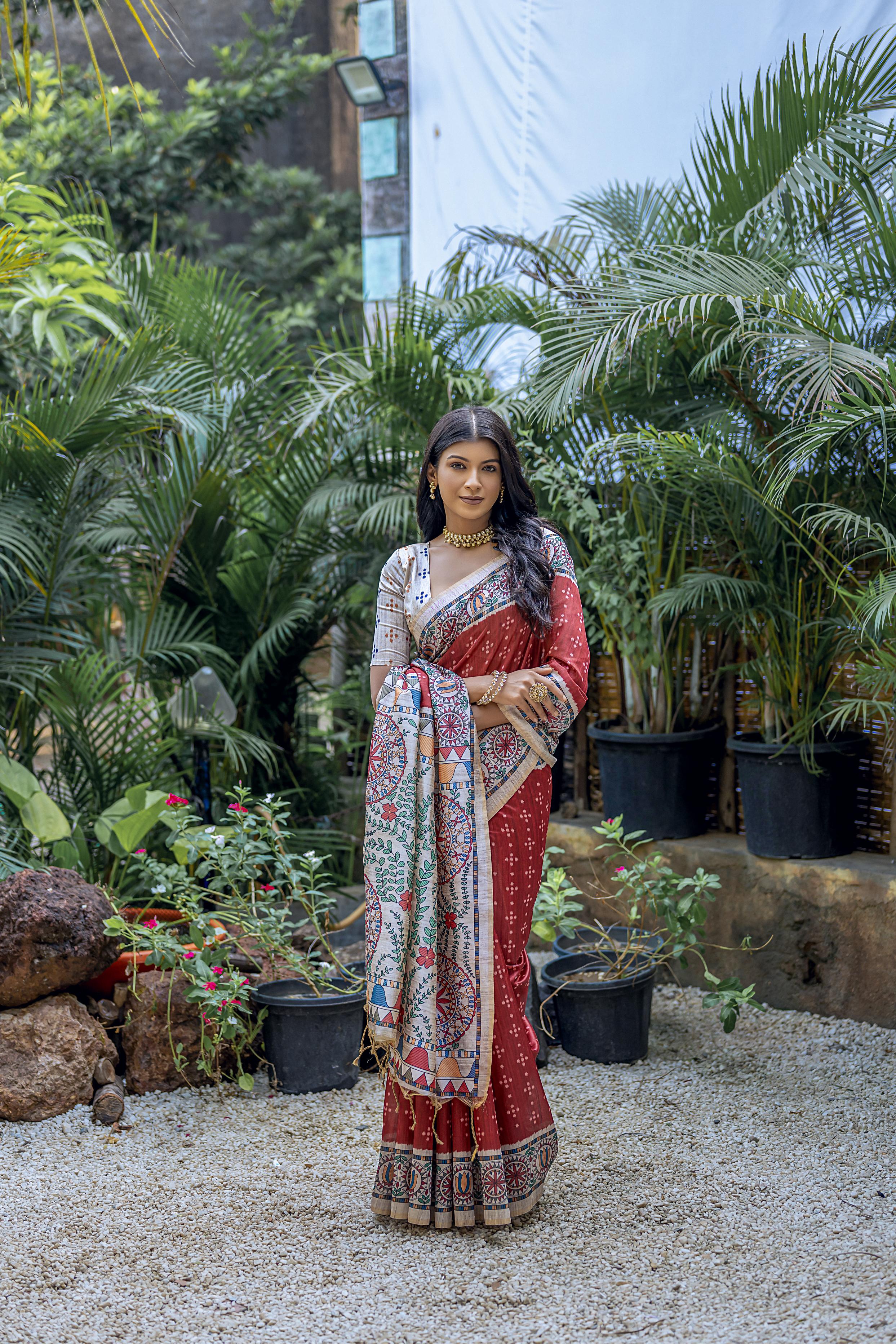 Vsaree Red Tussar Silk Saree with Traditional Beautiful Madhubani Print On Pallu And Blouse