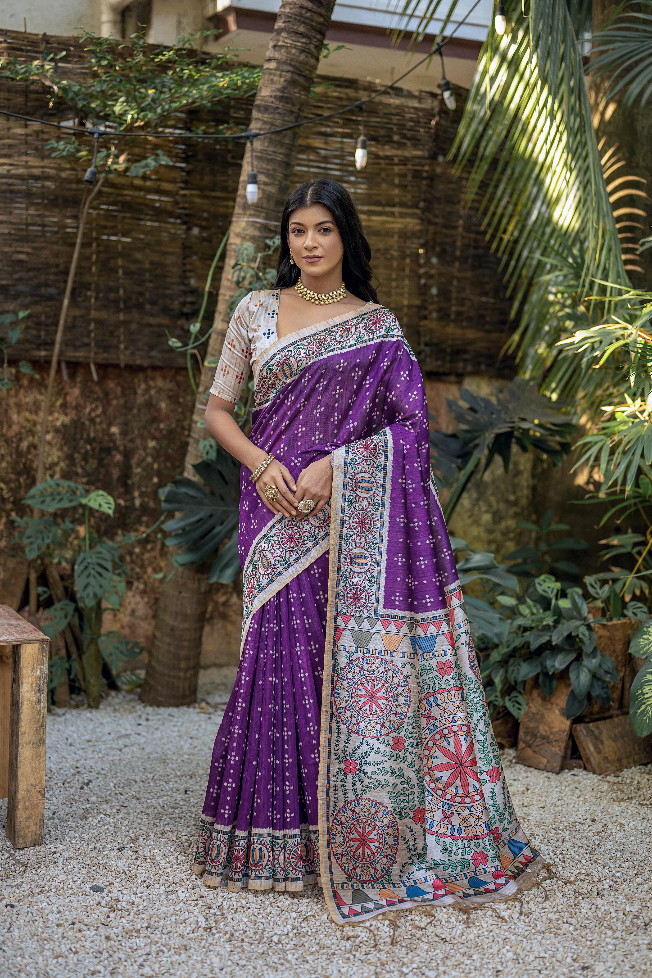 Vsaree Wine Tussar Silk Saree with Traditional Beautiful Madhubani Print On Pallu And Blouse