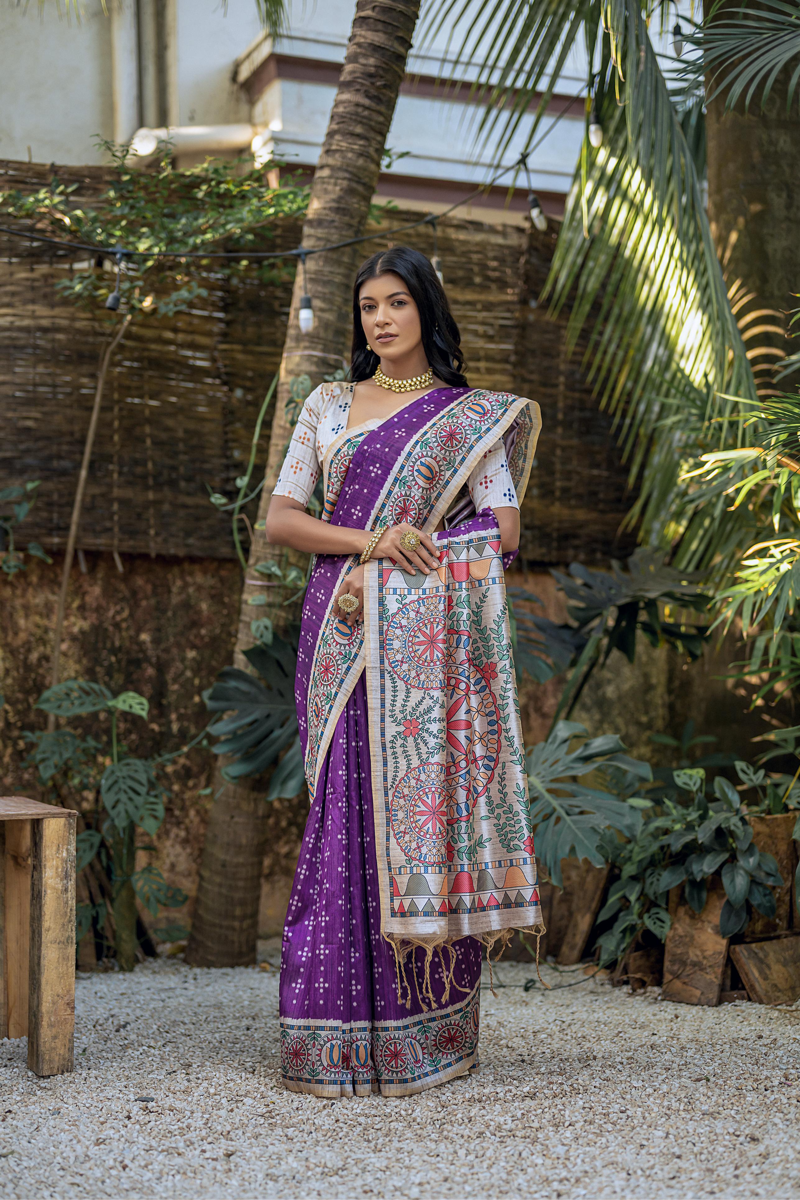 Vsaree Wine Tussar Silk Saree with Traditional Beautiful Madhubani Print On Pallu And Blouse