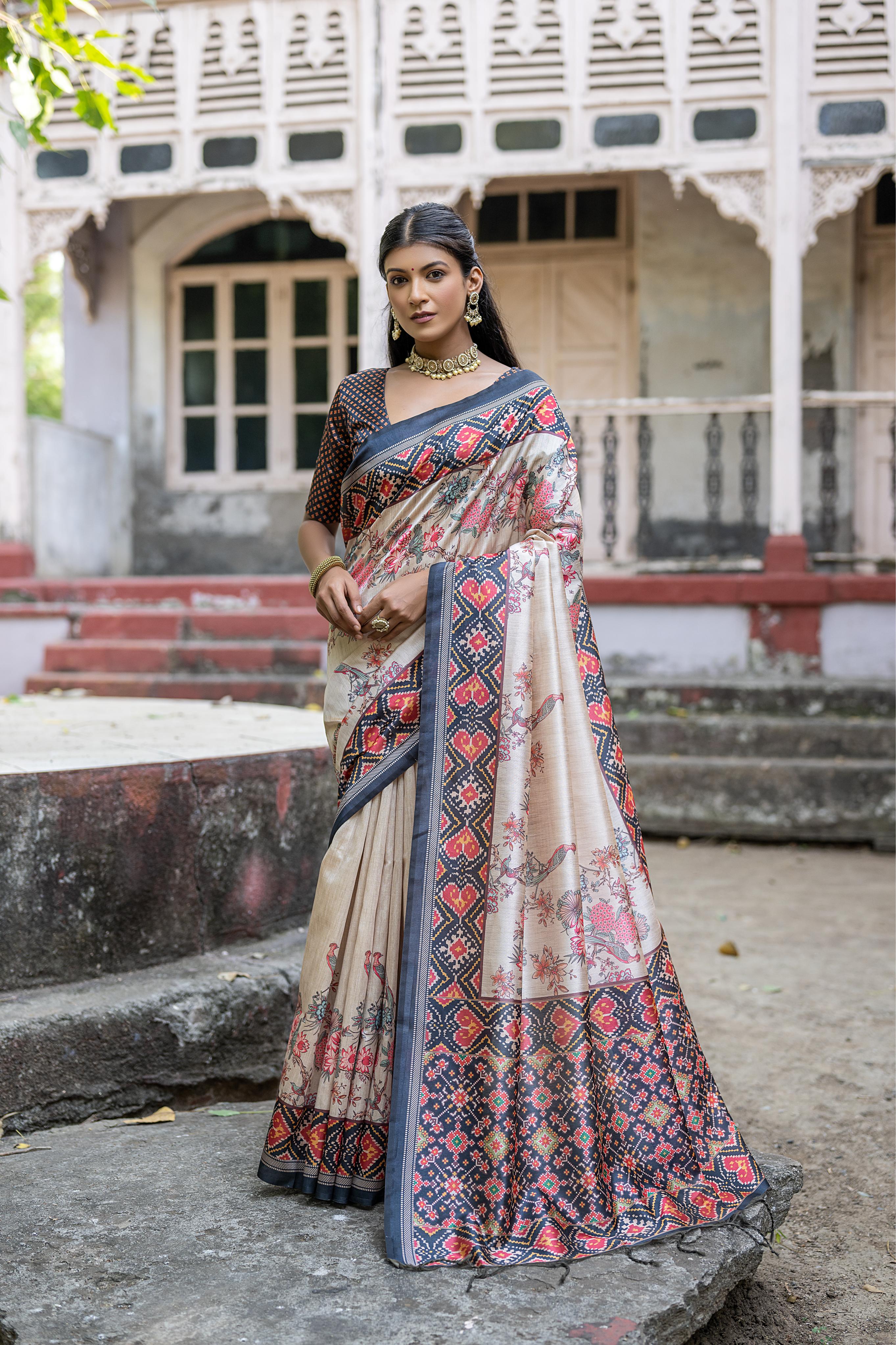 Vsaree Black Tussar Silk Saree with Traditional Beautiful Patola Print On Pallu And Blouse