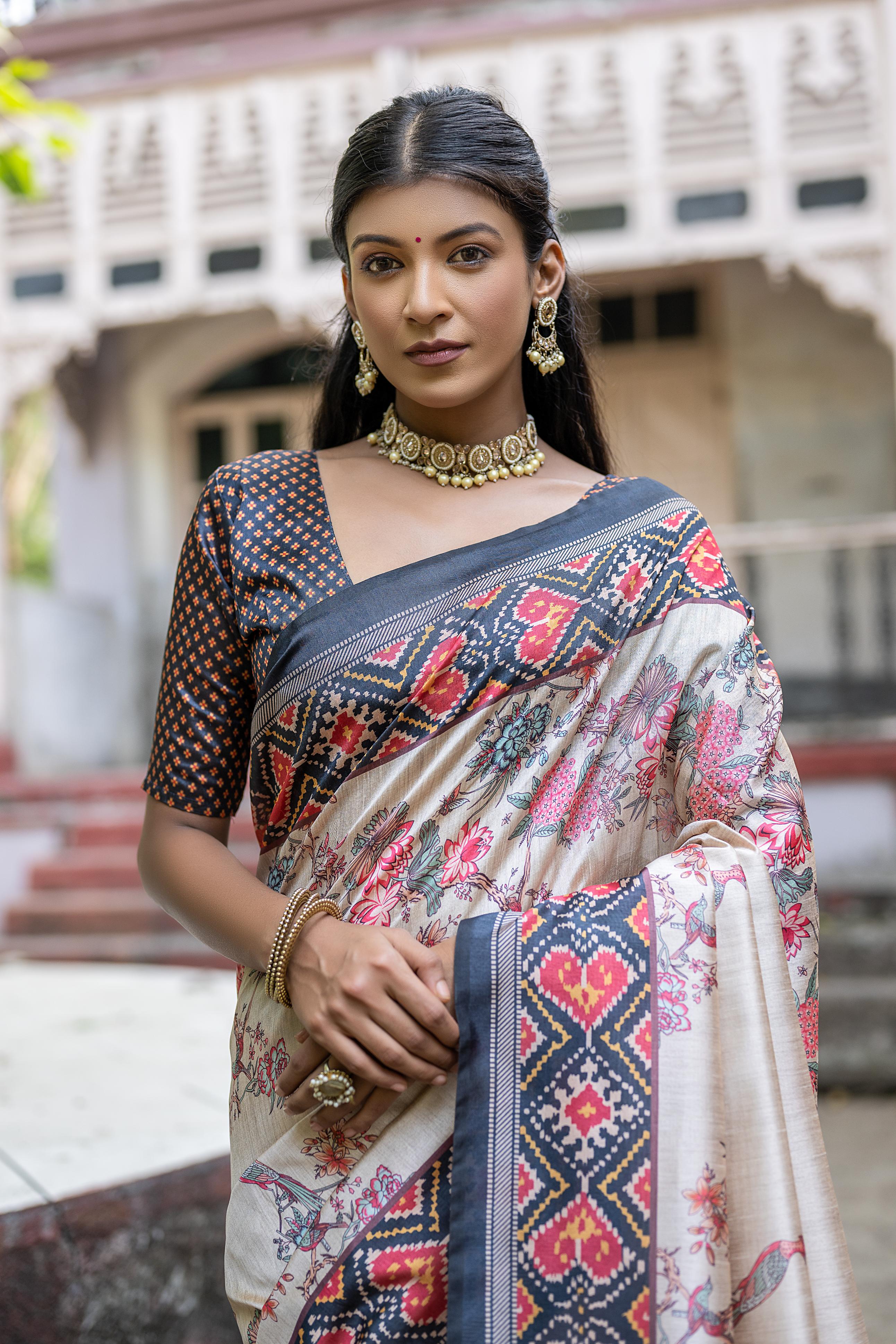 Vsaree Black Tussar Silk Saree with Traditional Beautiful Patola Print On Pallu And Blouse