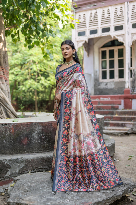 Vsaree Black Tussar Silk Saree with Traditional Beautiful Patola Print On Pallu And Blouse