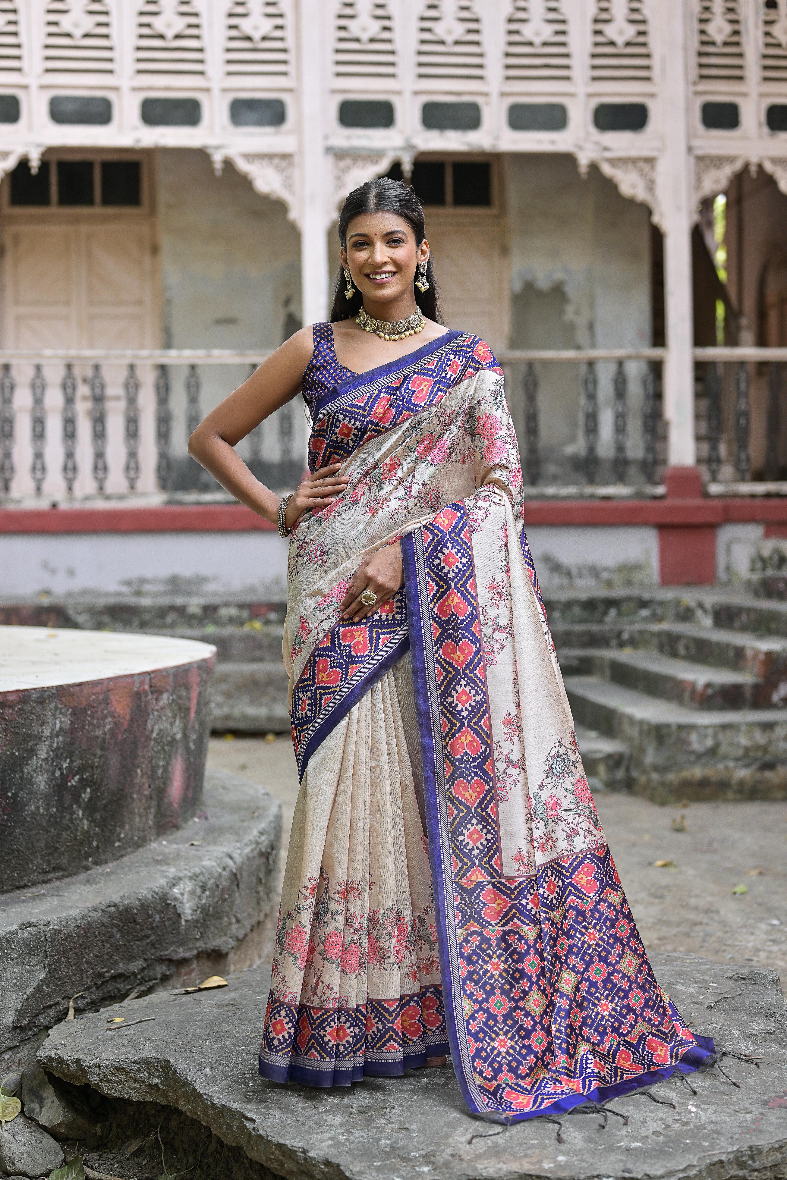 Vsaree Blue Tussar Silk Saree with Traditional Beautiful Patola Print On Pallu And Blouse