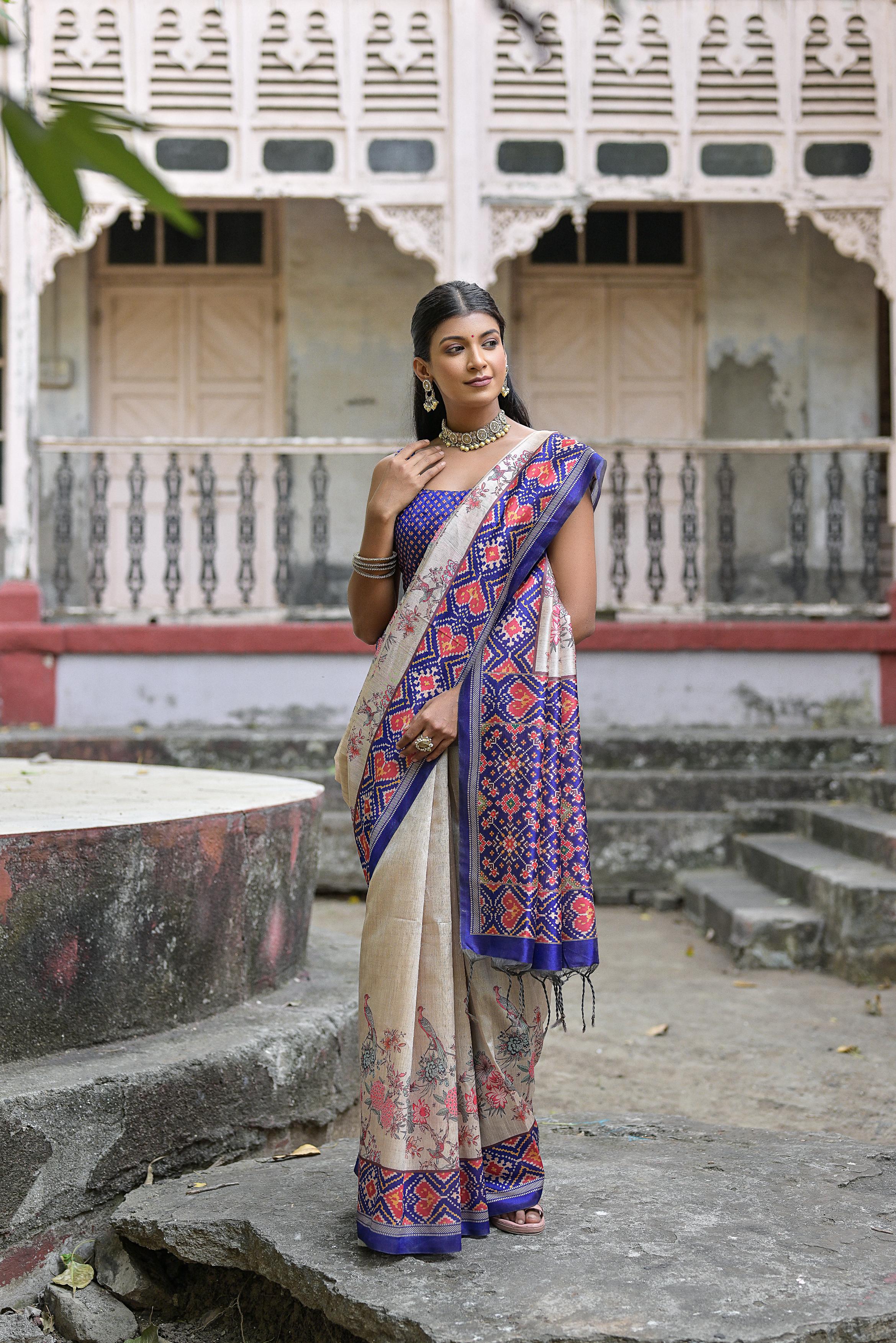 Vsaree Blue Tussar Silk Saree with Traditional Beautiful Patola Print On Pallu And Blouse