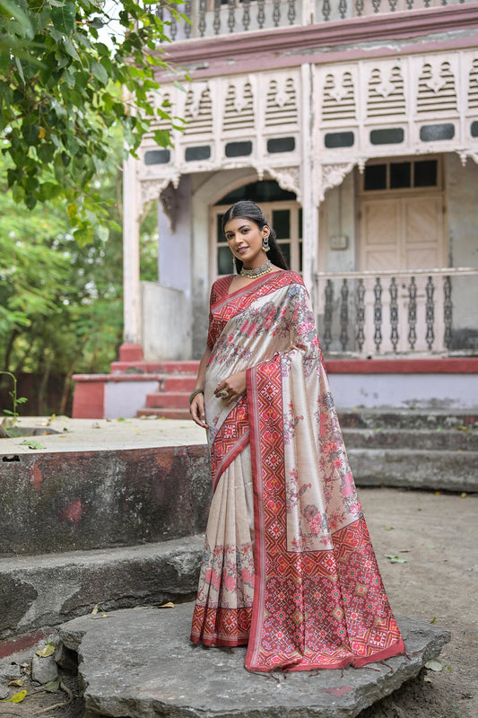 Vsaree Coffee Tussar Silk Saree with Traditional Beautiful Patola Print On Pallu And Blouse