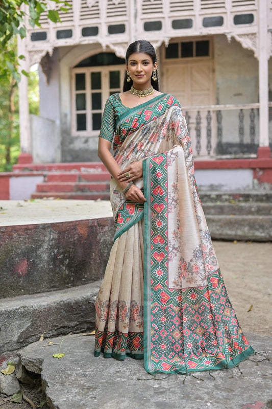 Vsaree Green Tussar Silk Saree with Traditional Beautiful Patola Print On Pallu And Blouse