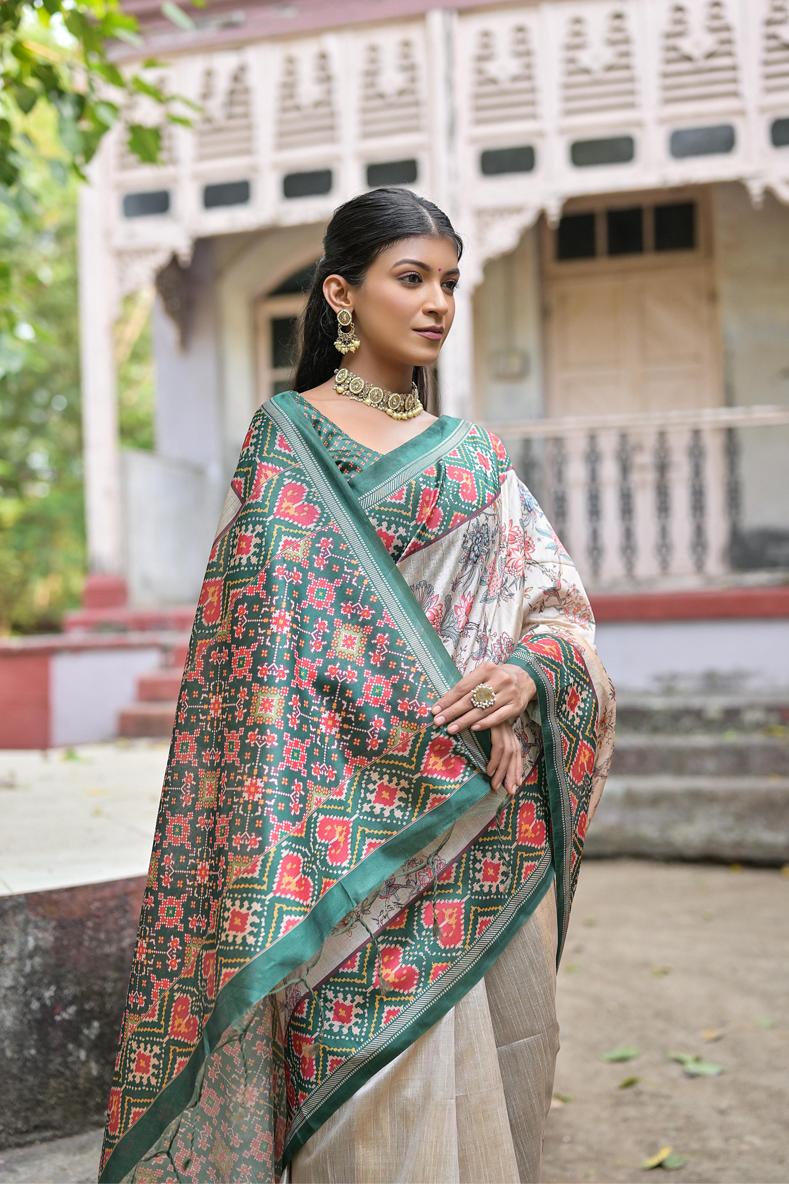 Vsaree Green Tussar Silk Saree with Traditional Beautiful Patola Print On Pallu And Blouse