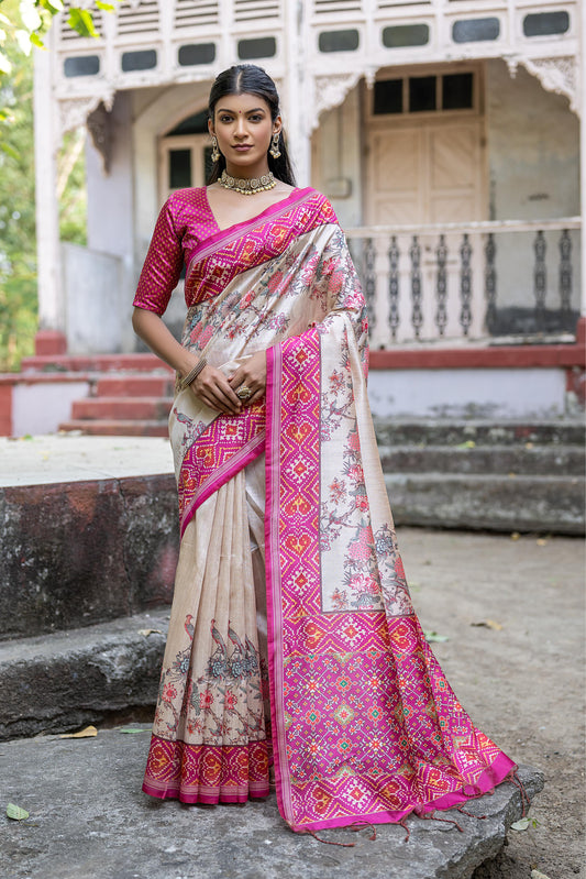 Vsaree Rani Pink Tussar Silk Saree with Traditional Beautiful Patola Print On Pallu And Blouse