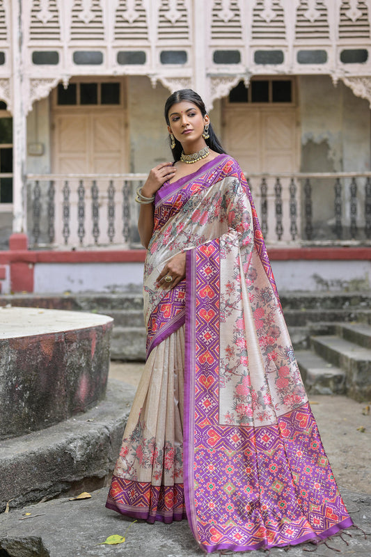 Vsaree Wine Tussar Silk Saree with Traditional Beautiful Patola Print On Pallu And Blouse