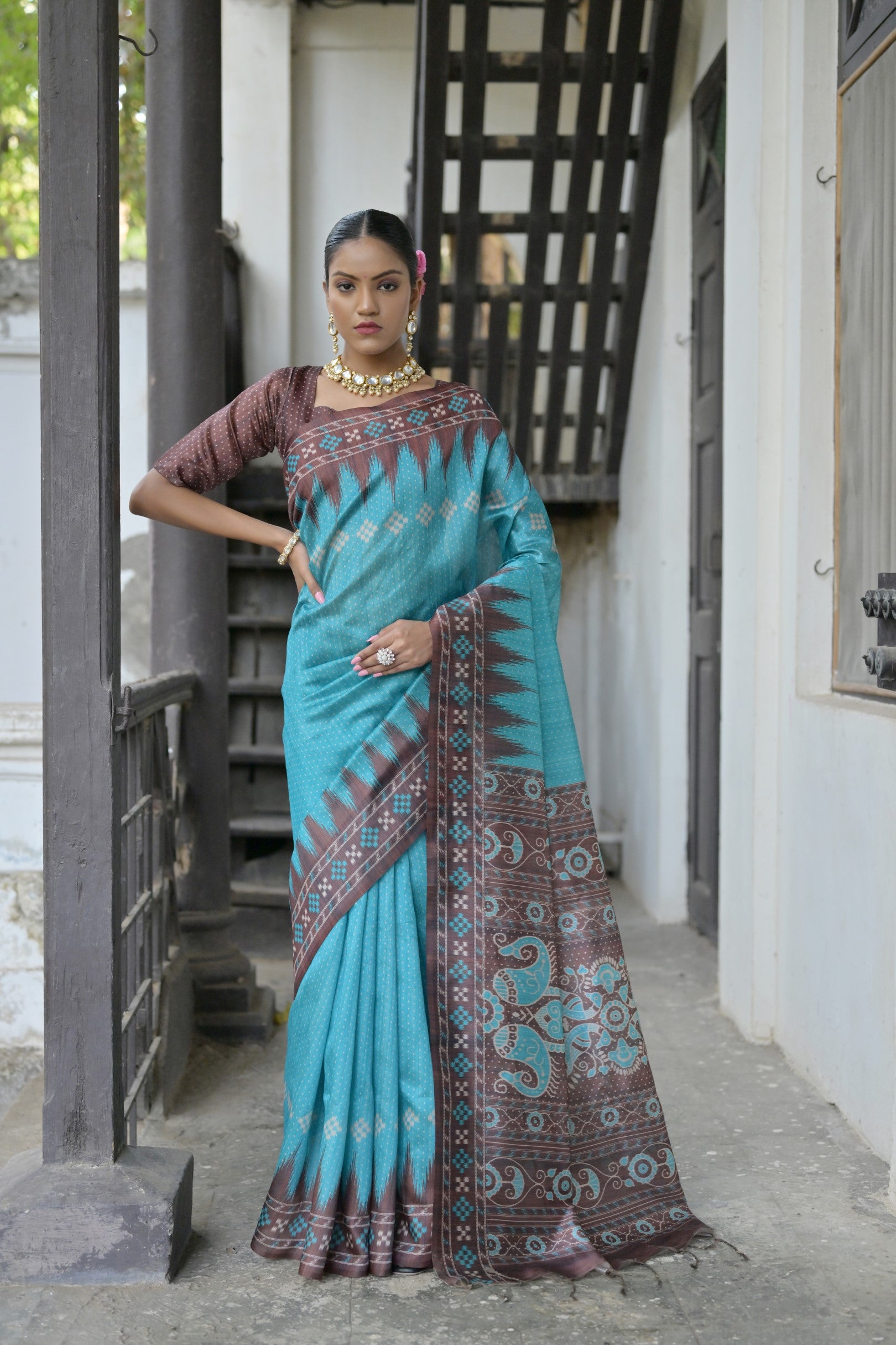 Vsaree Firozi Tussar Silk Saree with Traditional Temple Printed Border And Ikkat Print pallu And Blouse