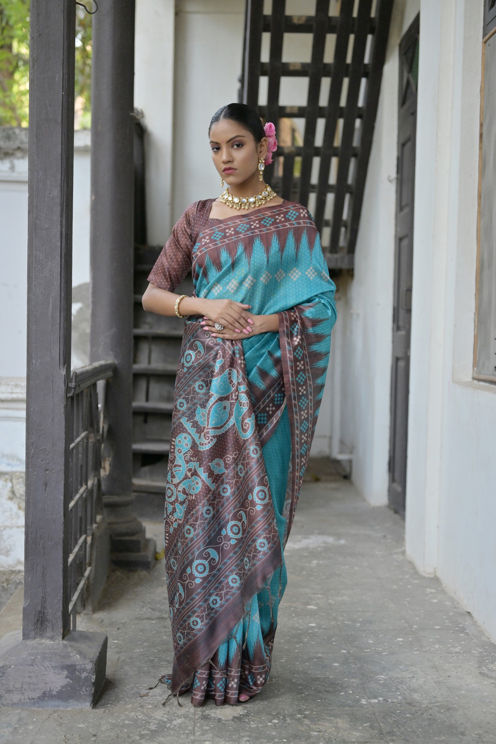 Vsaree Firozi Tussar Silk Saree with Traditional Temple Printed Border And Ikkat Print pallu And Blouse