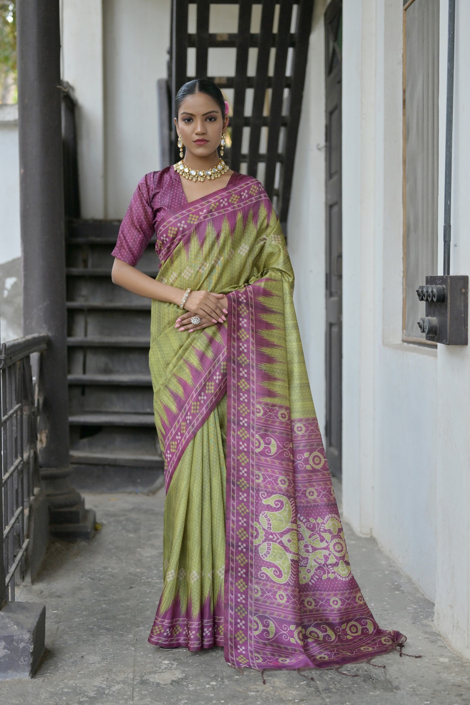 Vsaree Mehendi Tussar Silk Saree with Traditional Temple Printed Border And Ikkat Print pallu And Blouse