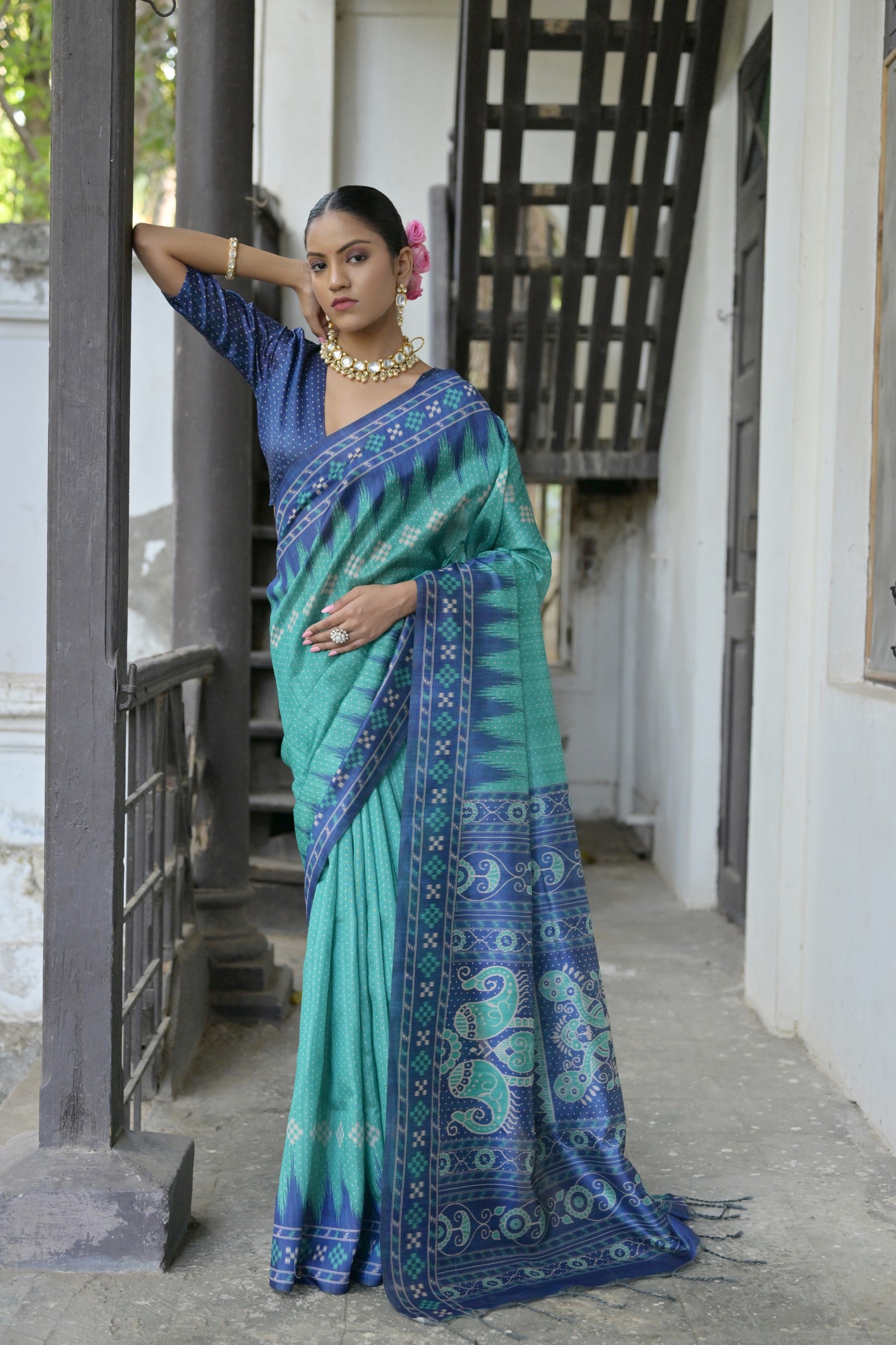 Vsaree Rama Tussar Silk Saree with Traditional Temple Printed Border And Ikkat Print pallu And Blouse