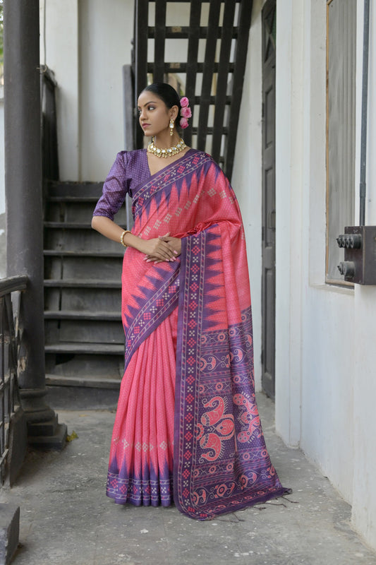 Vsaree Rani Pink Tussar Silk Saree with Traditional Temple Printed Border And Ikkat Print pallu And Blouse