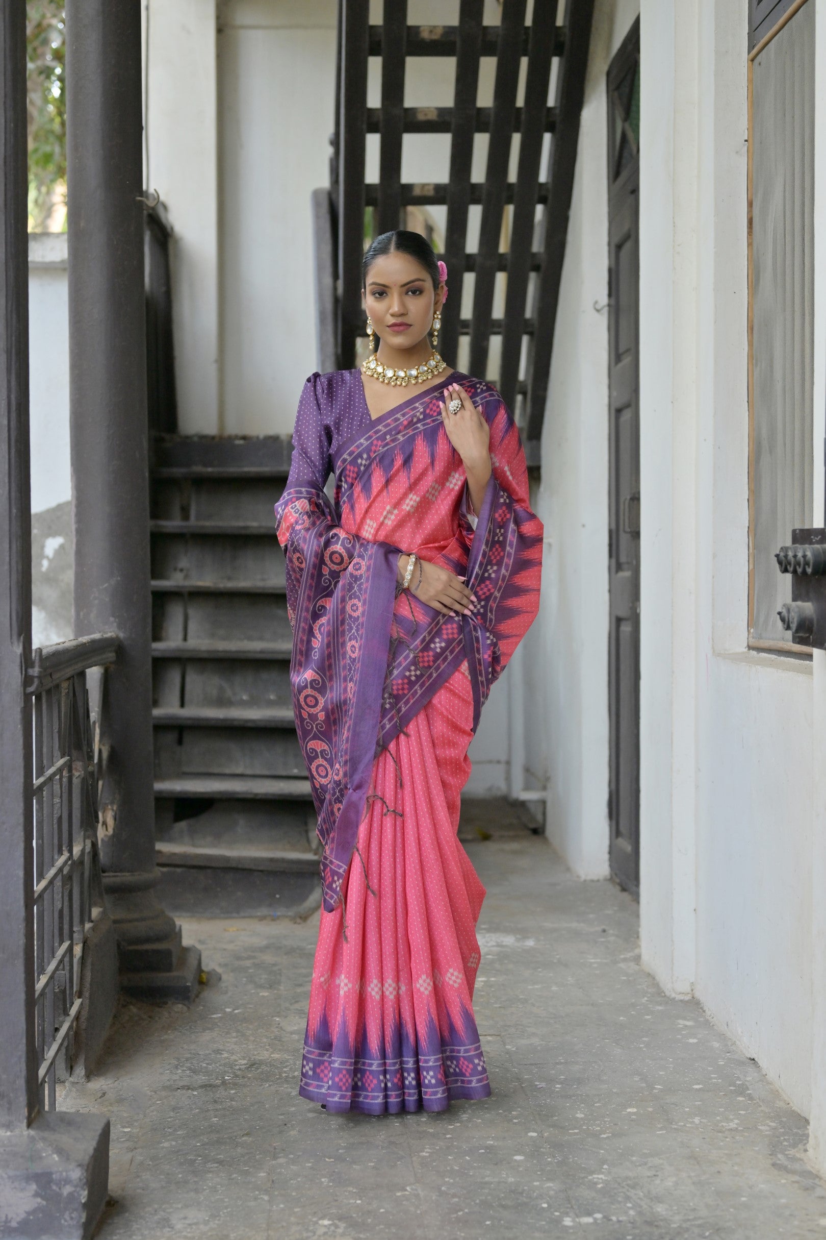 Vsaree Rani Pink Tussar Silk Saree with Traditional Temple Printed Border And Ikkat Print pallu And Blouse