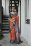 Vsaree Red Tussar Silk Saree with Traditional Temple Printed Border And Ikkat Print pallu And Blouse