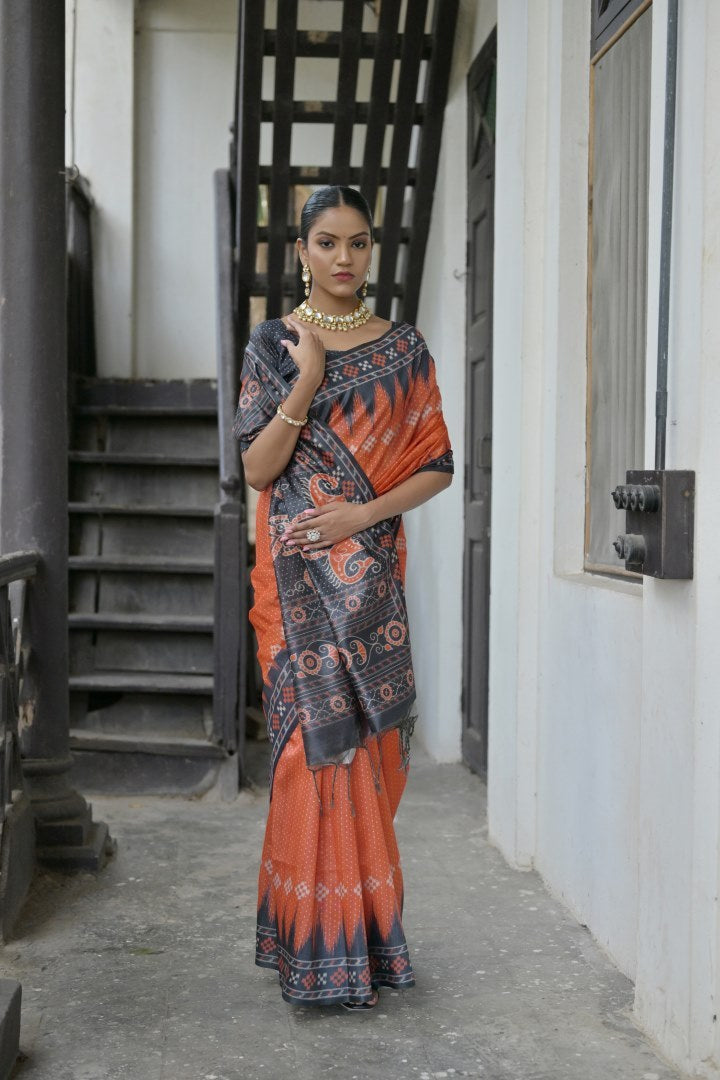 Vsaree Red Tussar Silk Saree with Traditional Temple Printed Border And Ikkat Print pallu And Blouse