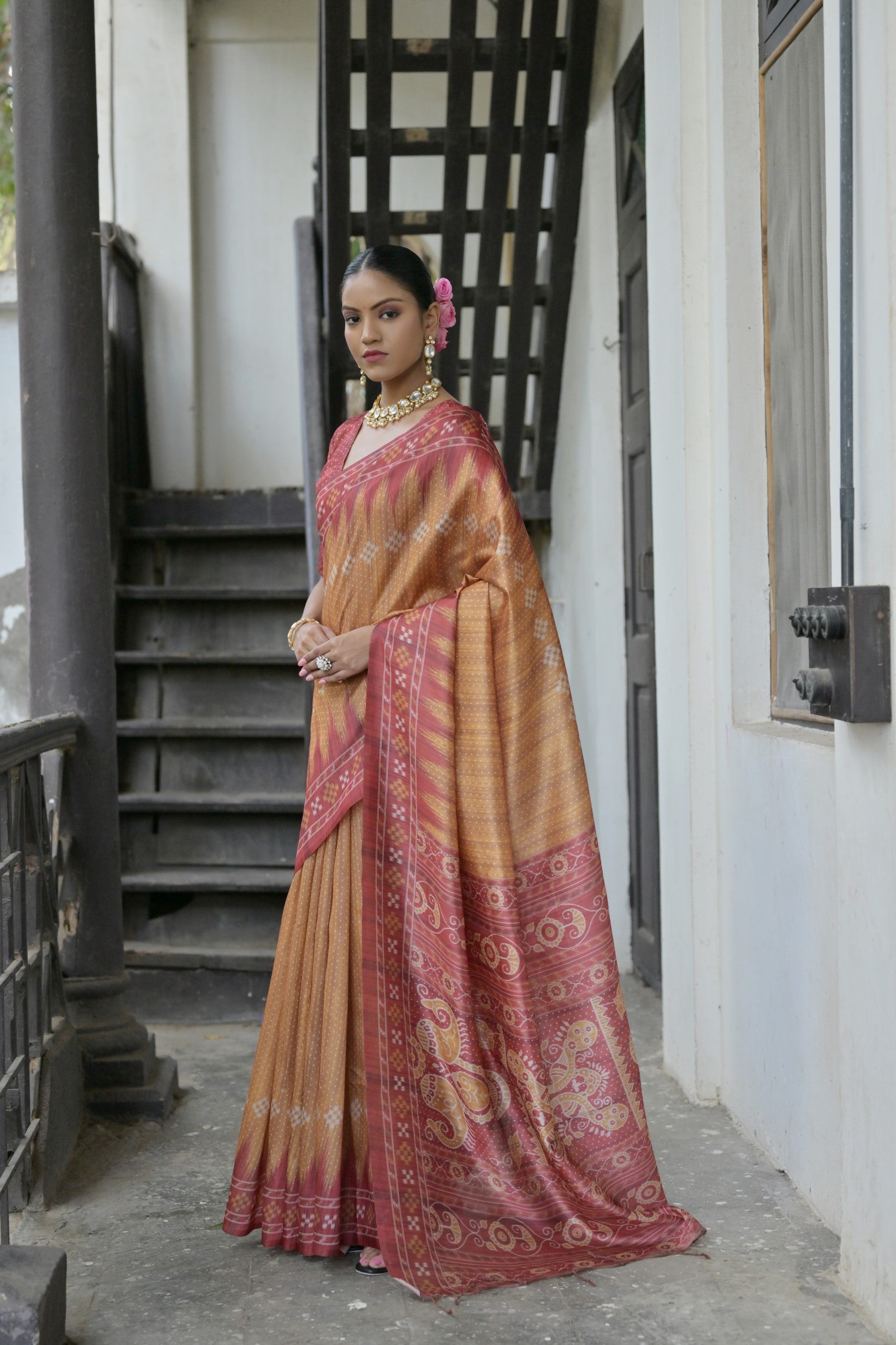 Vsaree Yellow Tussar Silk Saree with Traditional Temple Printed Border And Ikkat Print pallu And Blouse