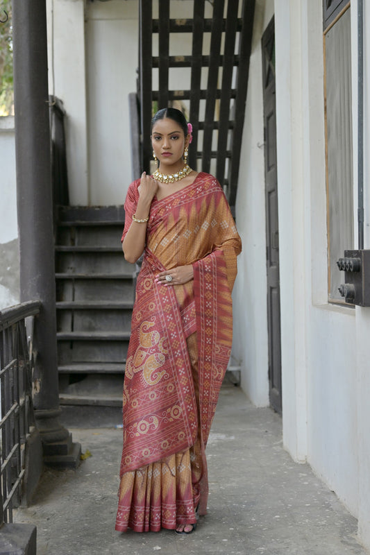 Vsaree Yellow Tussar Silk Saree with Traditional Temple Printed Border And Ikkat Print pallu And Blouse