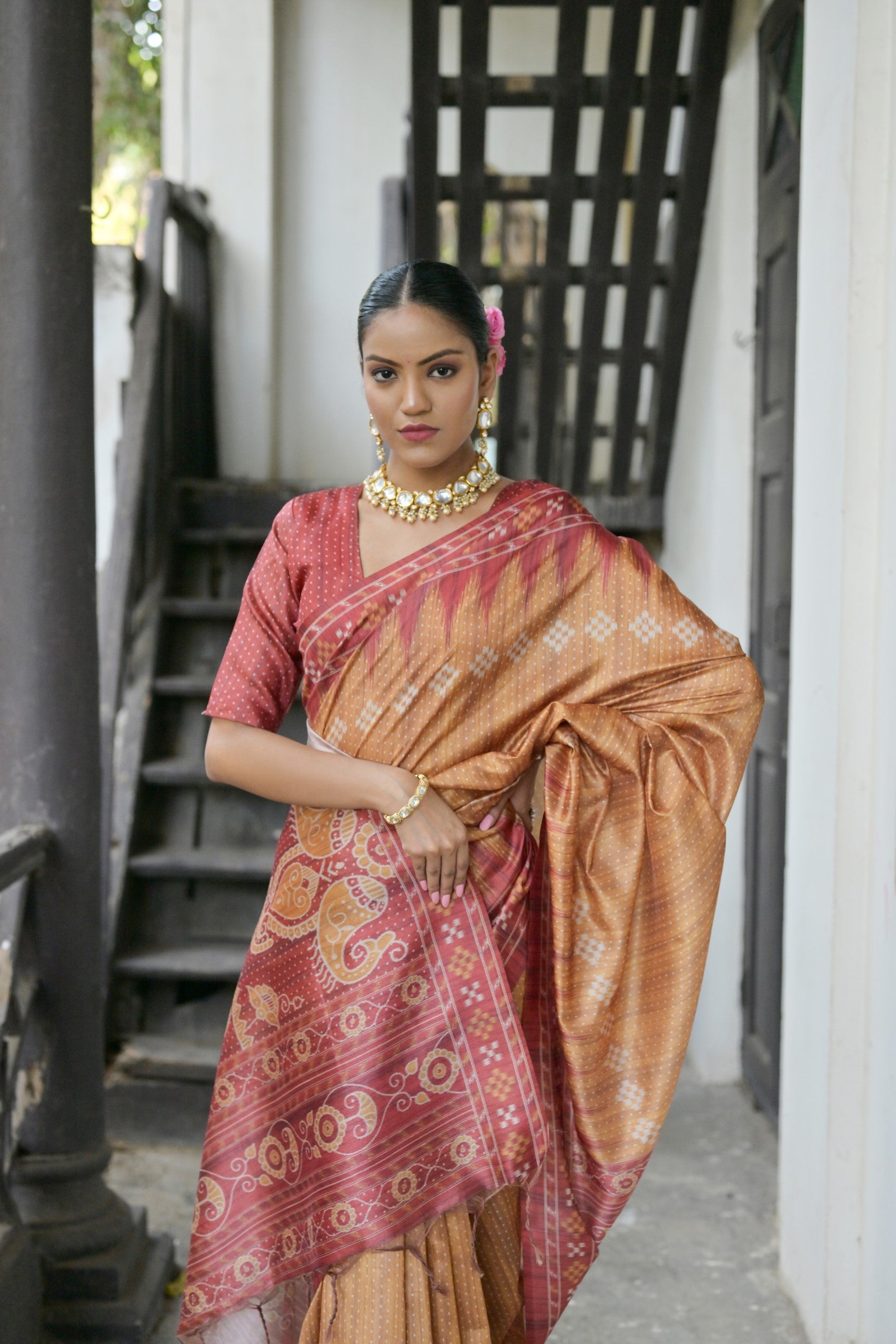 Vsaree Yellow Tussar Silk Saree with Traditional Temple Printed Border And Ikkat Print pallu And Blouse