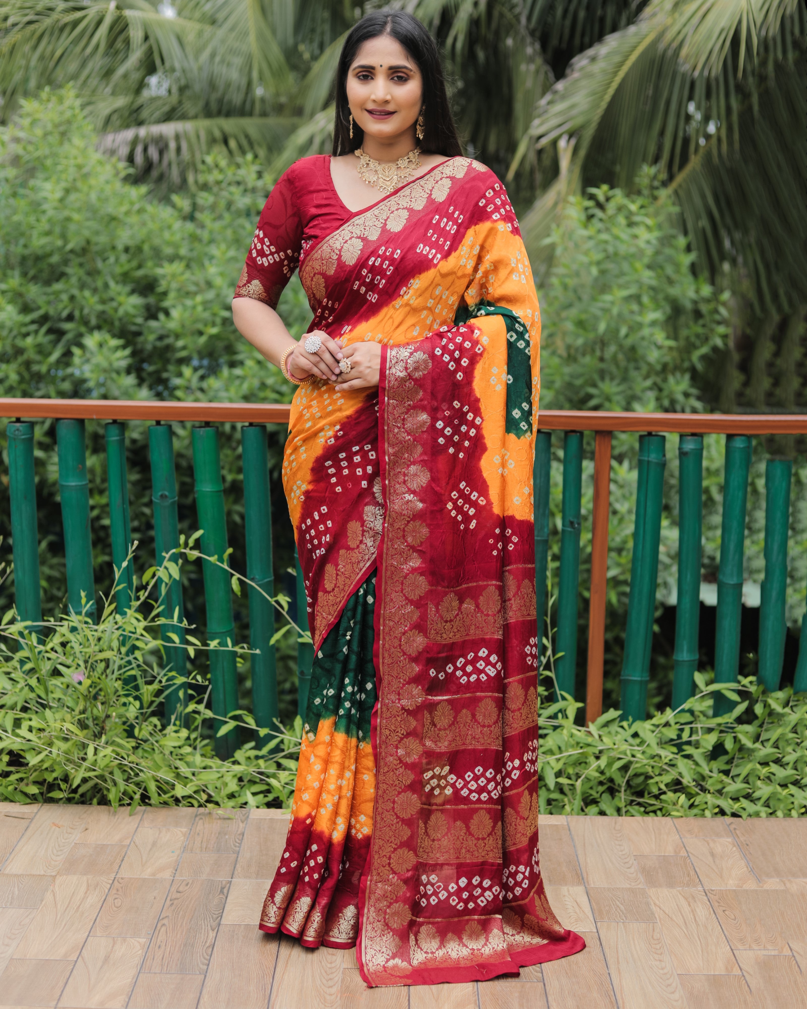 Vsaree Bandhej Silk Zari Weaving Border With Rich Pallu And Blouse For Women