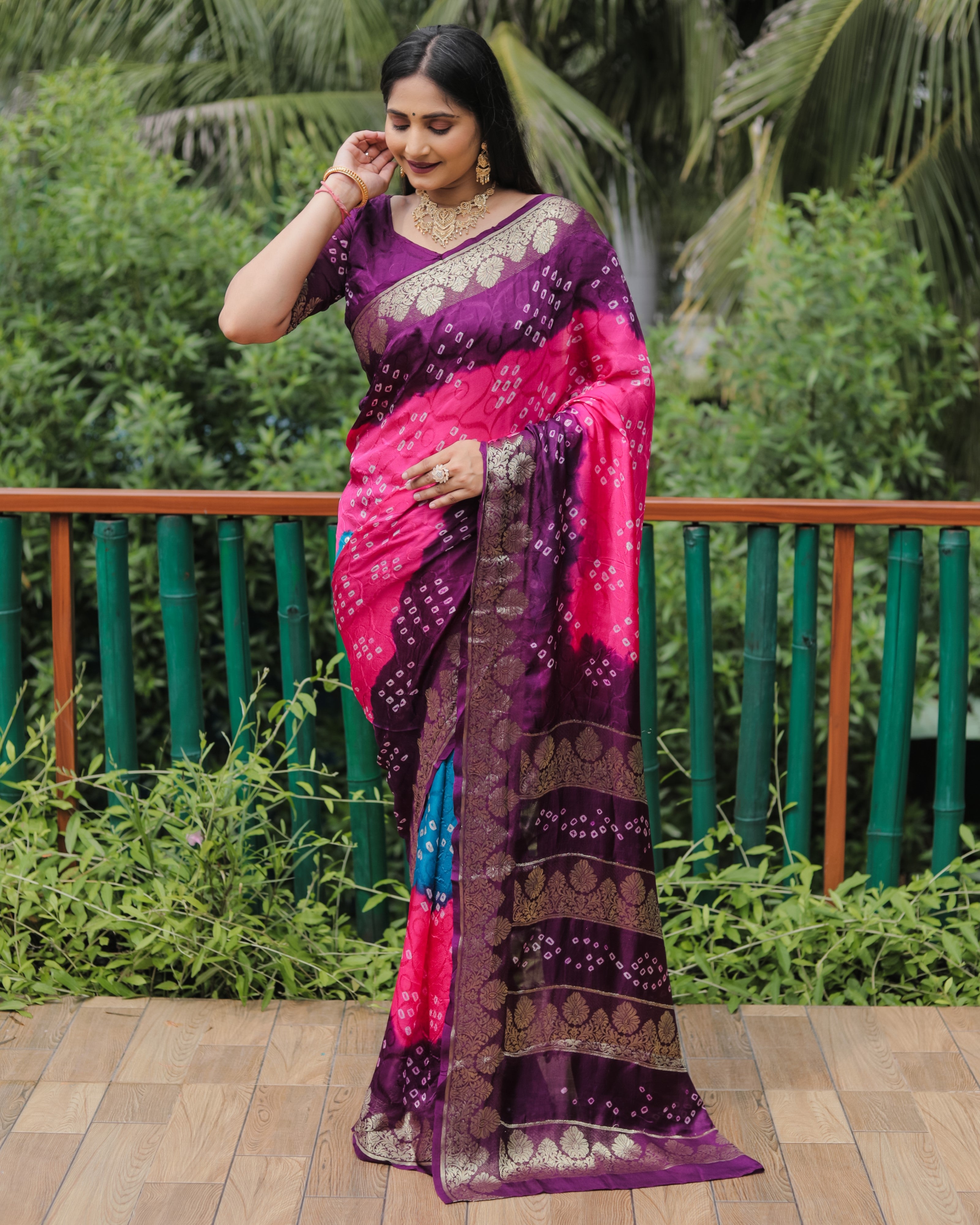 Vsaree Bandhej Silk Zari Weaving Border With Rich Pallu And Blouse For Women