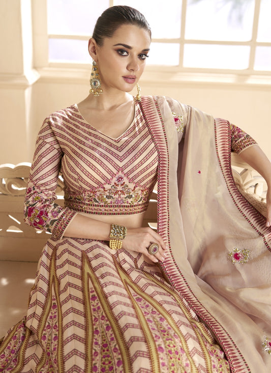 WOMEN'S ASPIRING BEIGE WITH EMBROIDERED OCCASION WEAR LEHENGA CHOLI