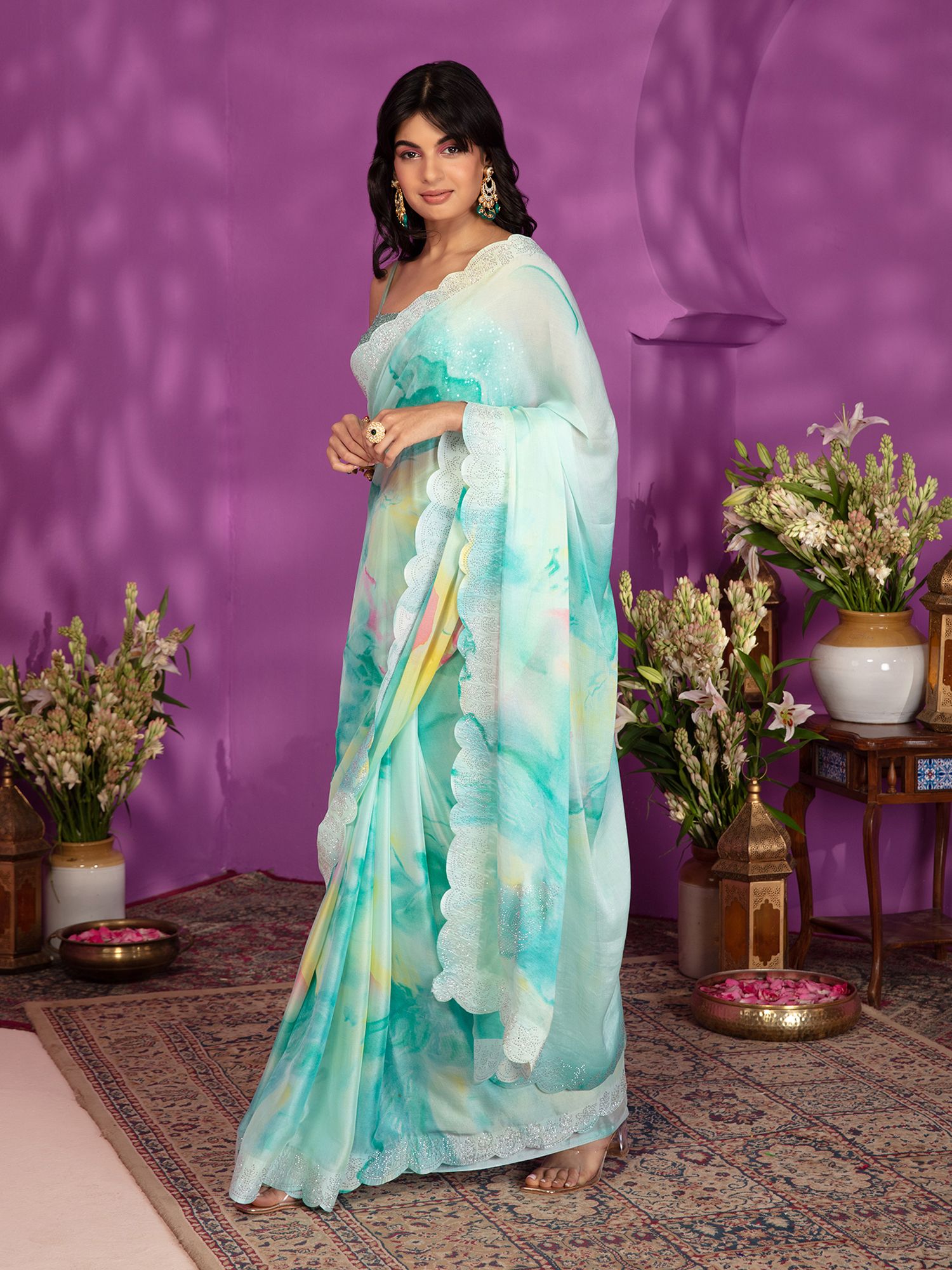 Vsaree Rama Malai Saree And Printed Pallu & Contrast Border With Malai Blouse For Women