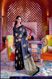 Vsaree Indian Women's Designer Black Party Wear Golden Zari Weaving Butti Design Saree With Matching Blouse And Heavy Zari Pallu.