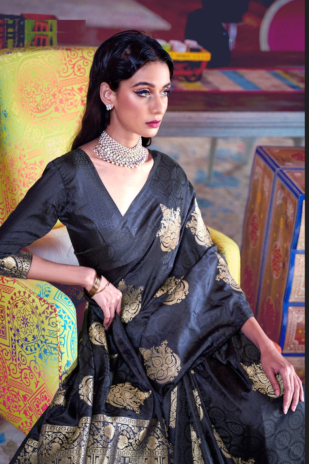 Vsaree Indian Women's Designer Black Party Wear Golden Zari Weaving Butti Design Saree With Matching Blouse And Heavy Zari Pallu.