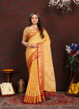 Vsaree Yellow Silk Blend Saree With Flower Design Border And Blouse