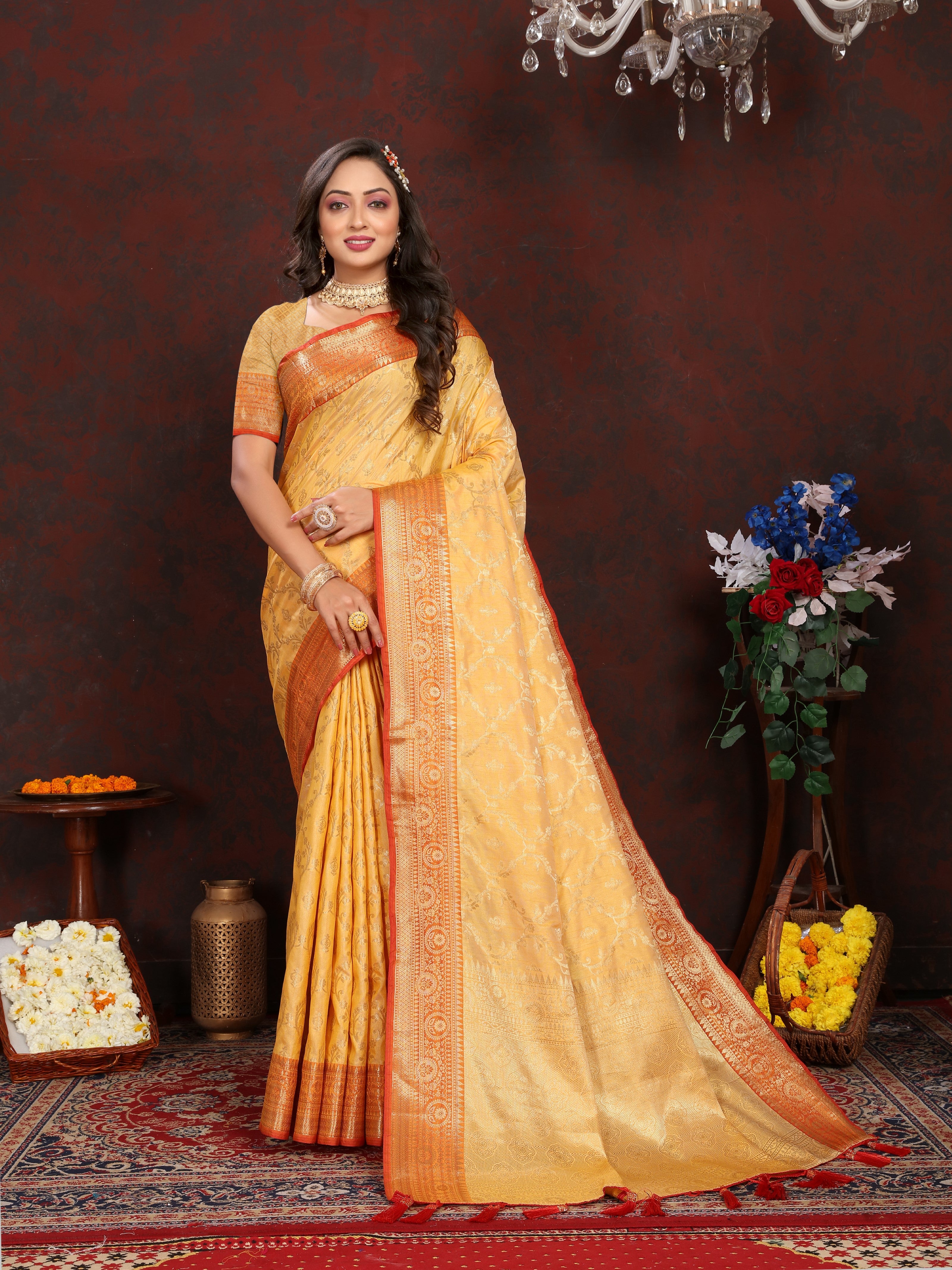 Vsaree Yellow Silk Blend Saree With Flower Design Border And Blouse