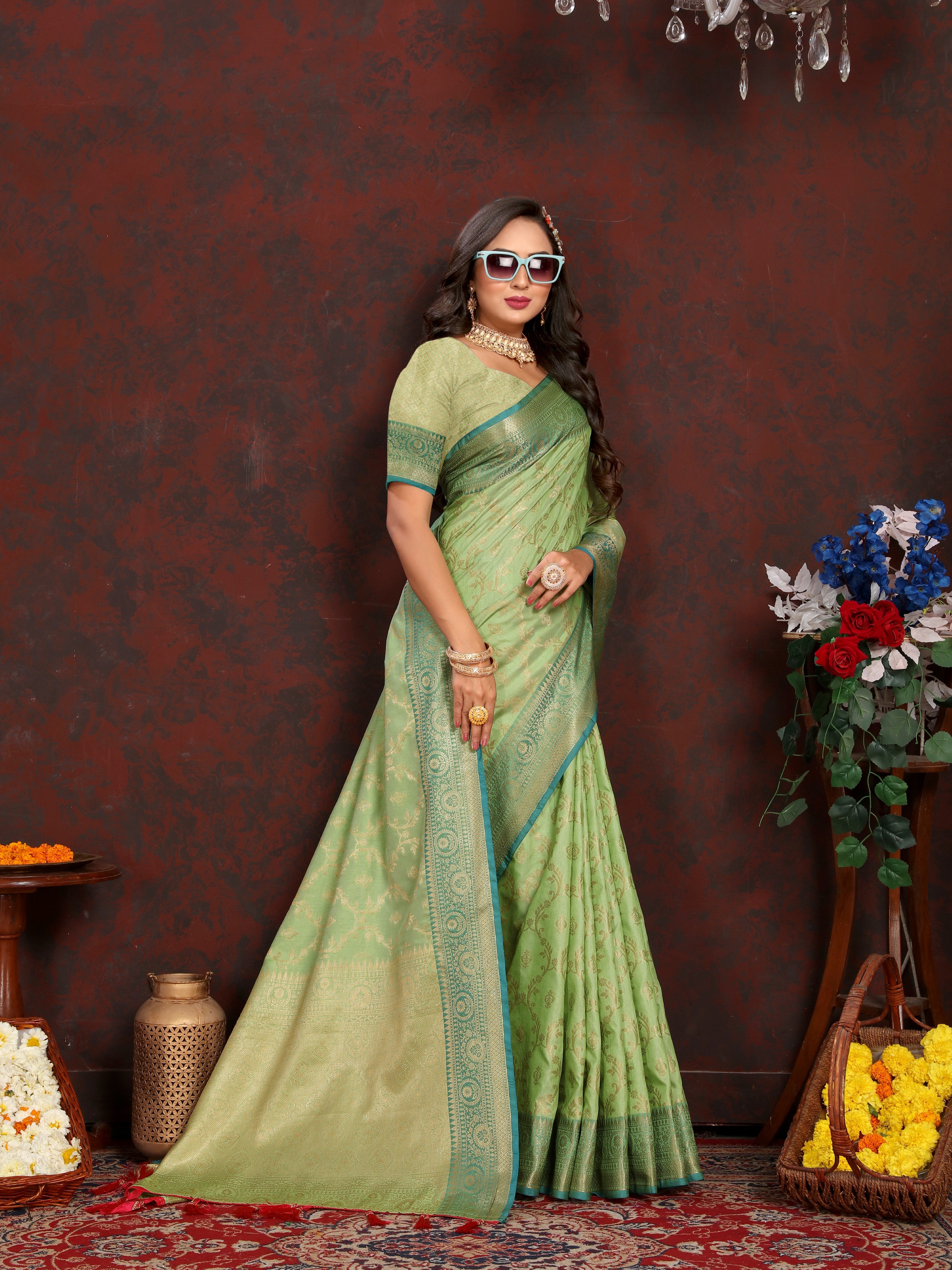 Vsaree Green Silk Blend Saree With Flower Design Border And Blouse